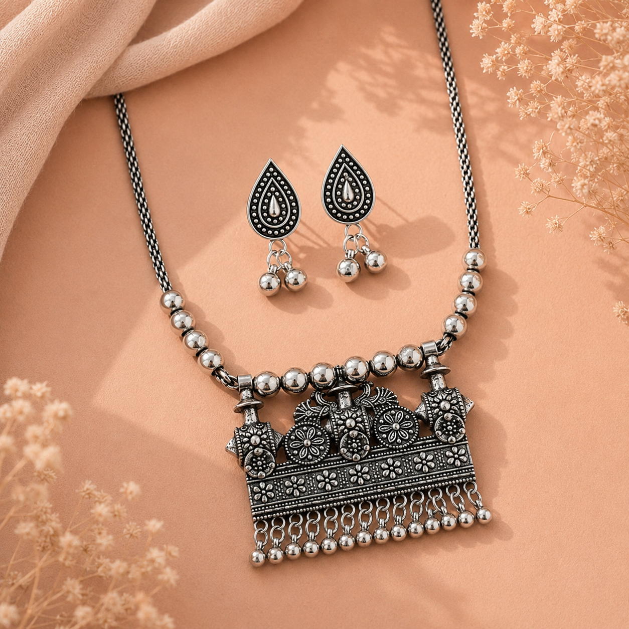 Rectangular oxidised necklace with tear drop earring
