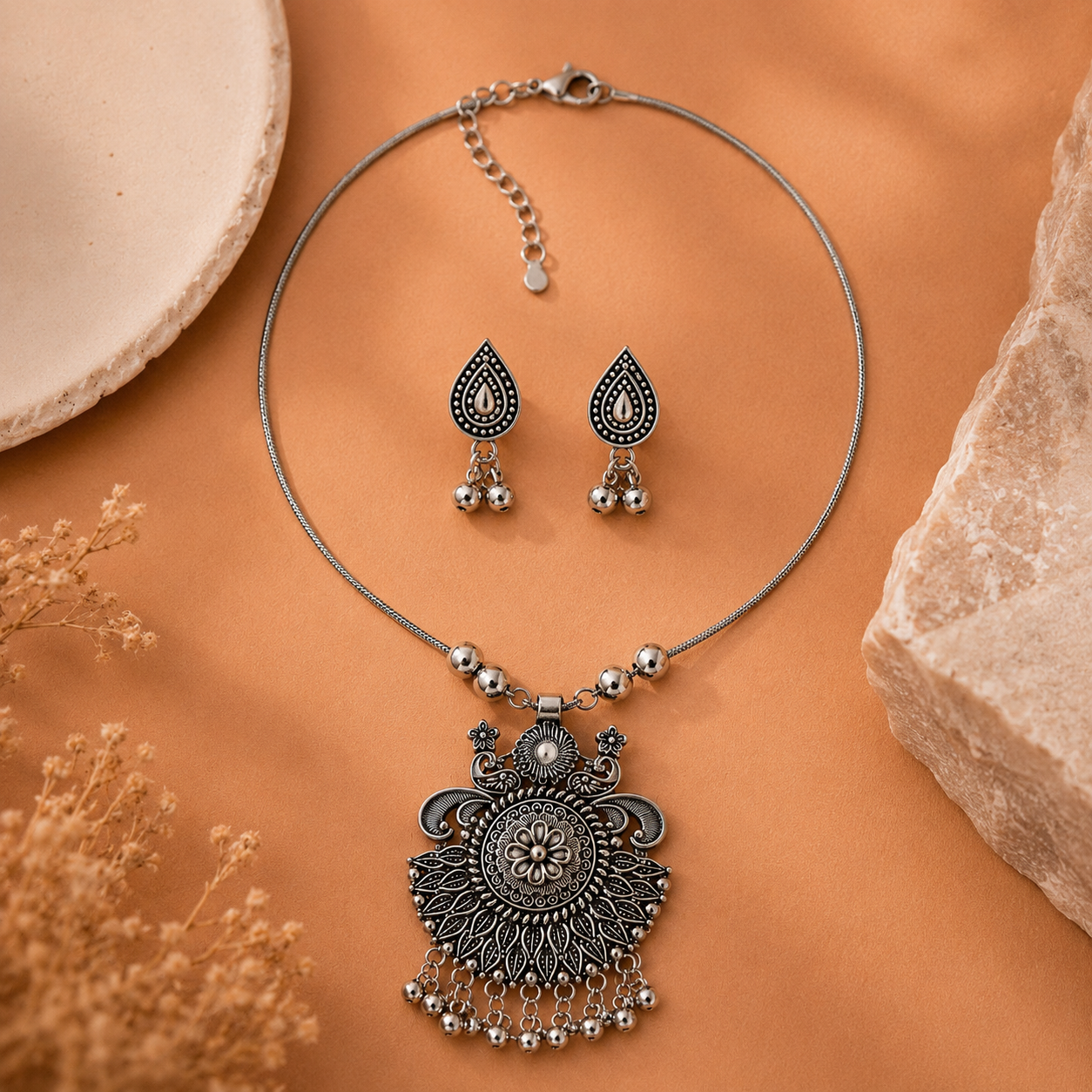 Peacock shaped oxidised necklace with earring
