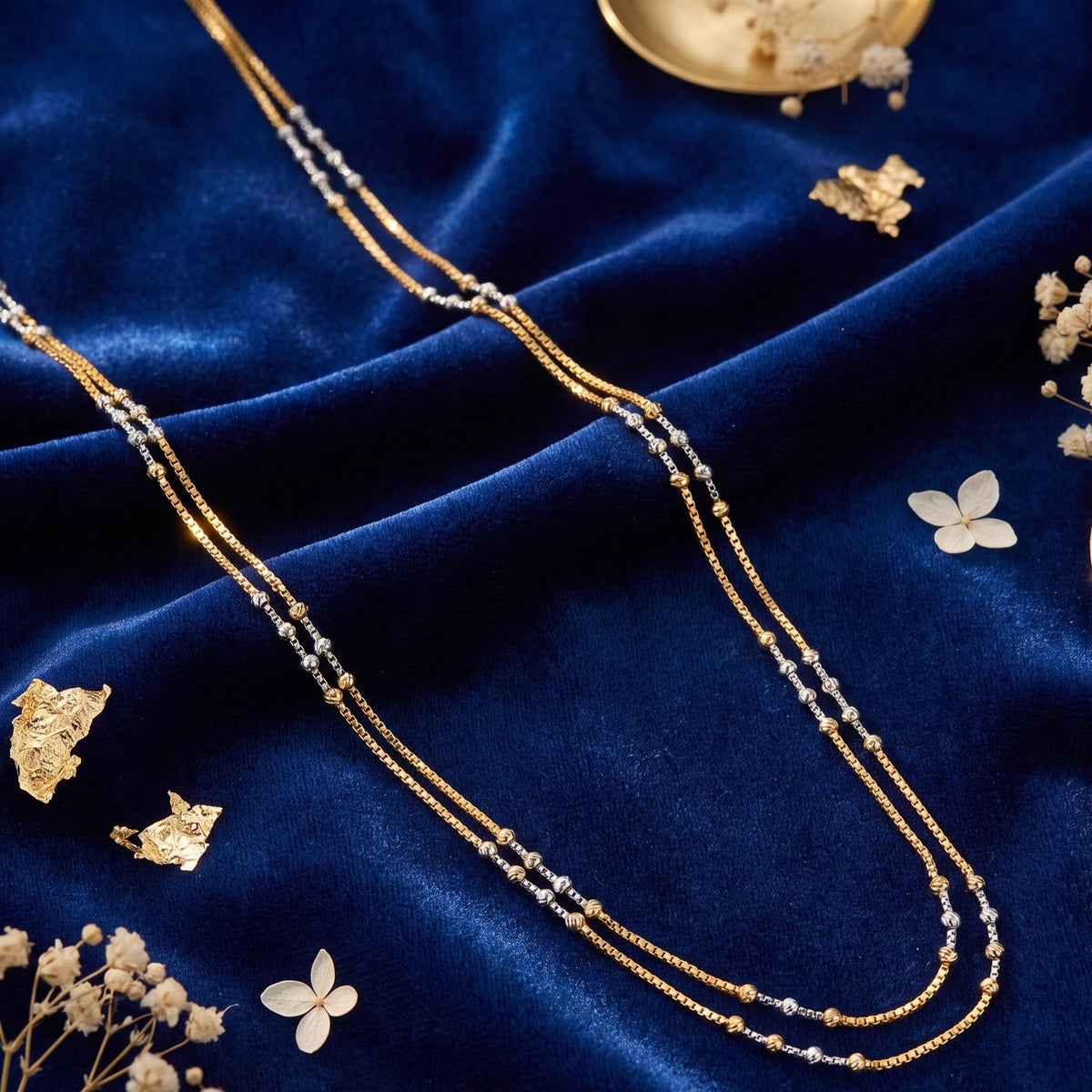 Two tone double layered gold chain with small delicate rodium beads