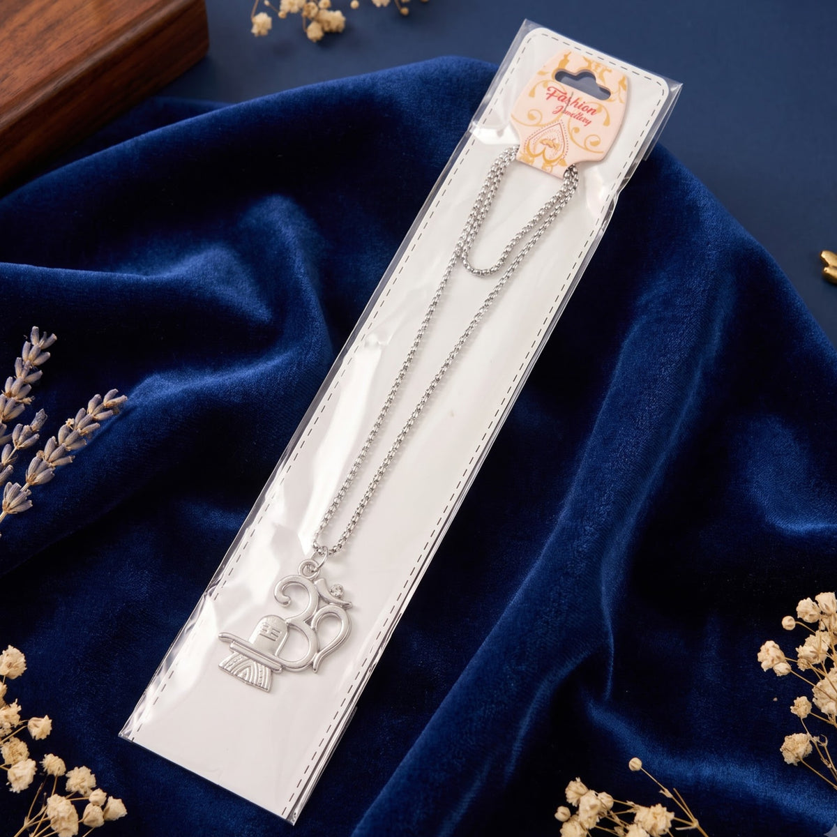 Silver toned chain with om and shivling pendant