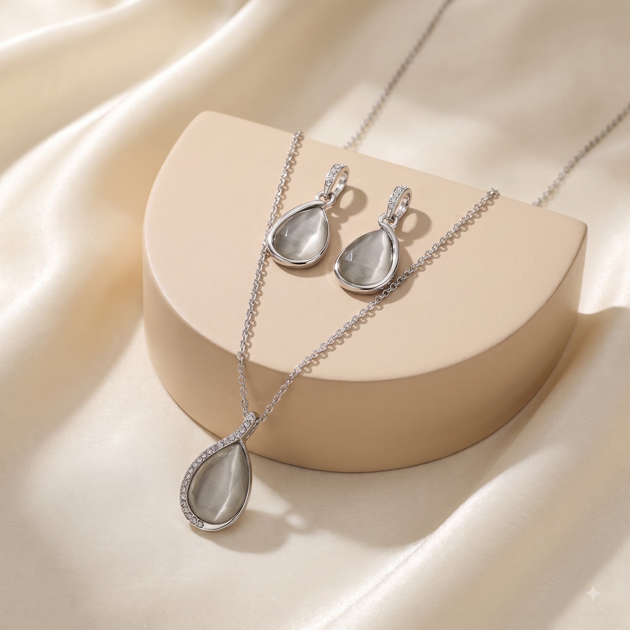 Silver oval pendant earring set