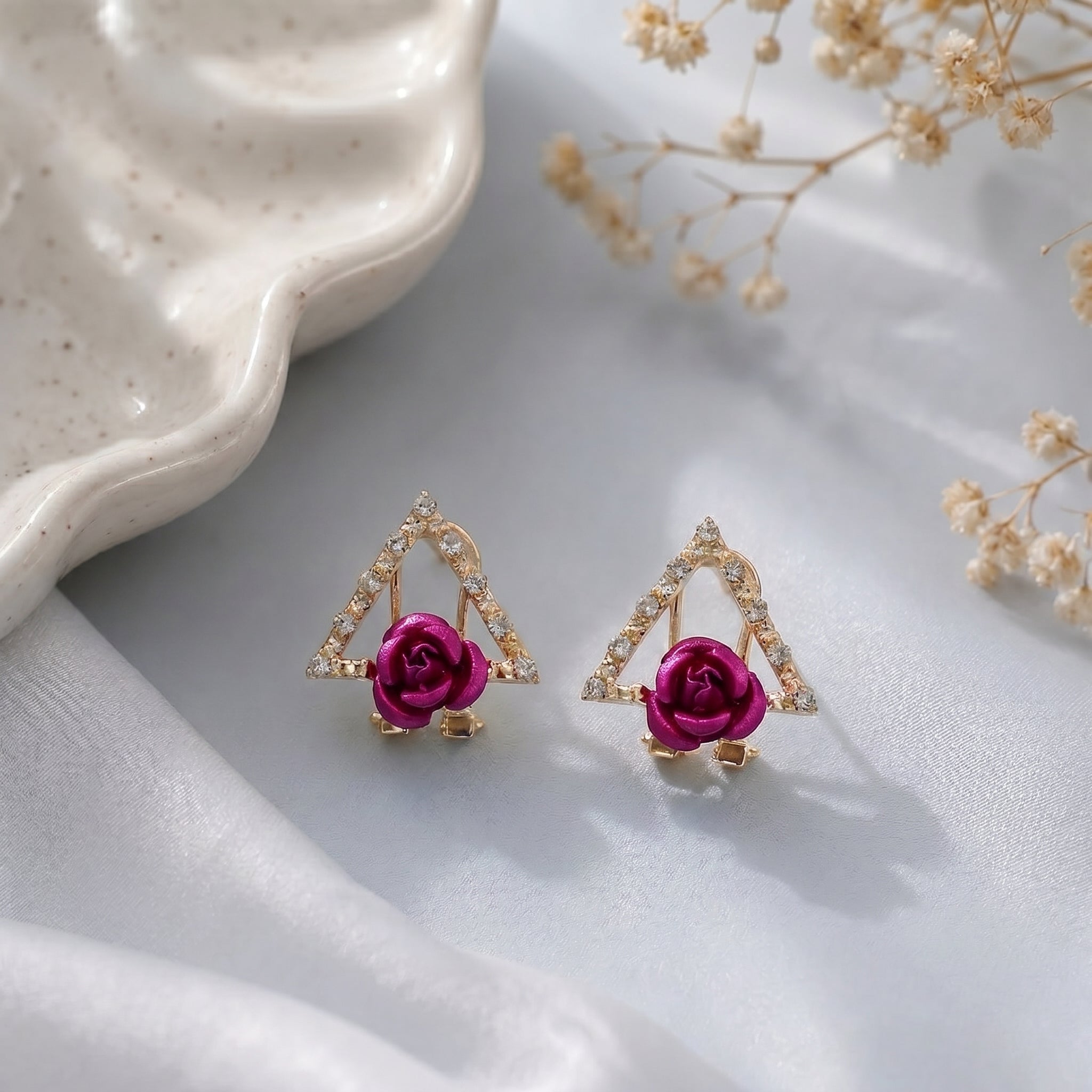 Triangle frame rose studded earring