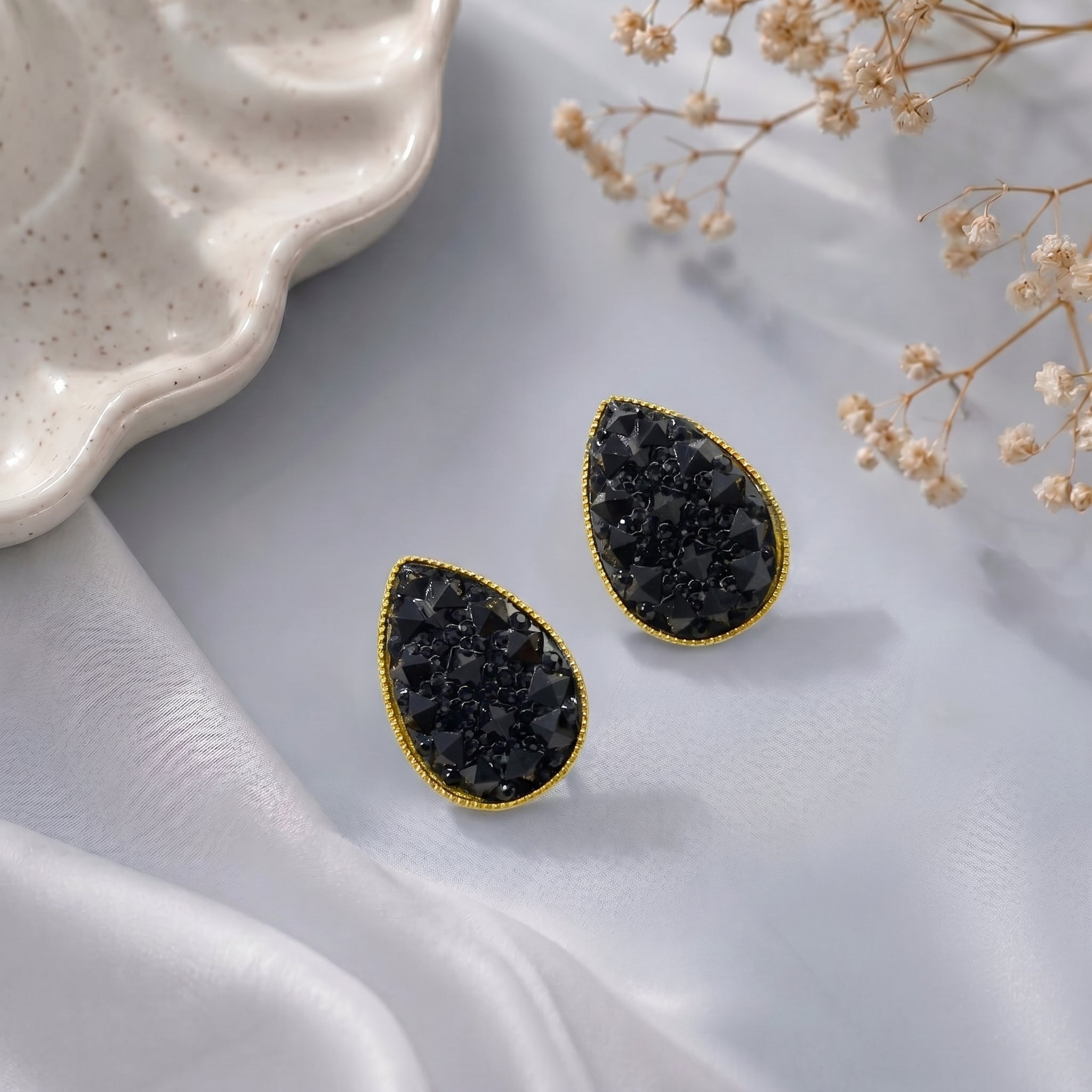 Black druzy stone stud earring