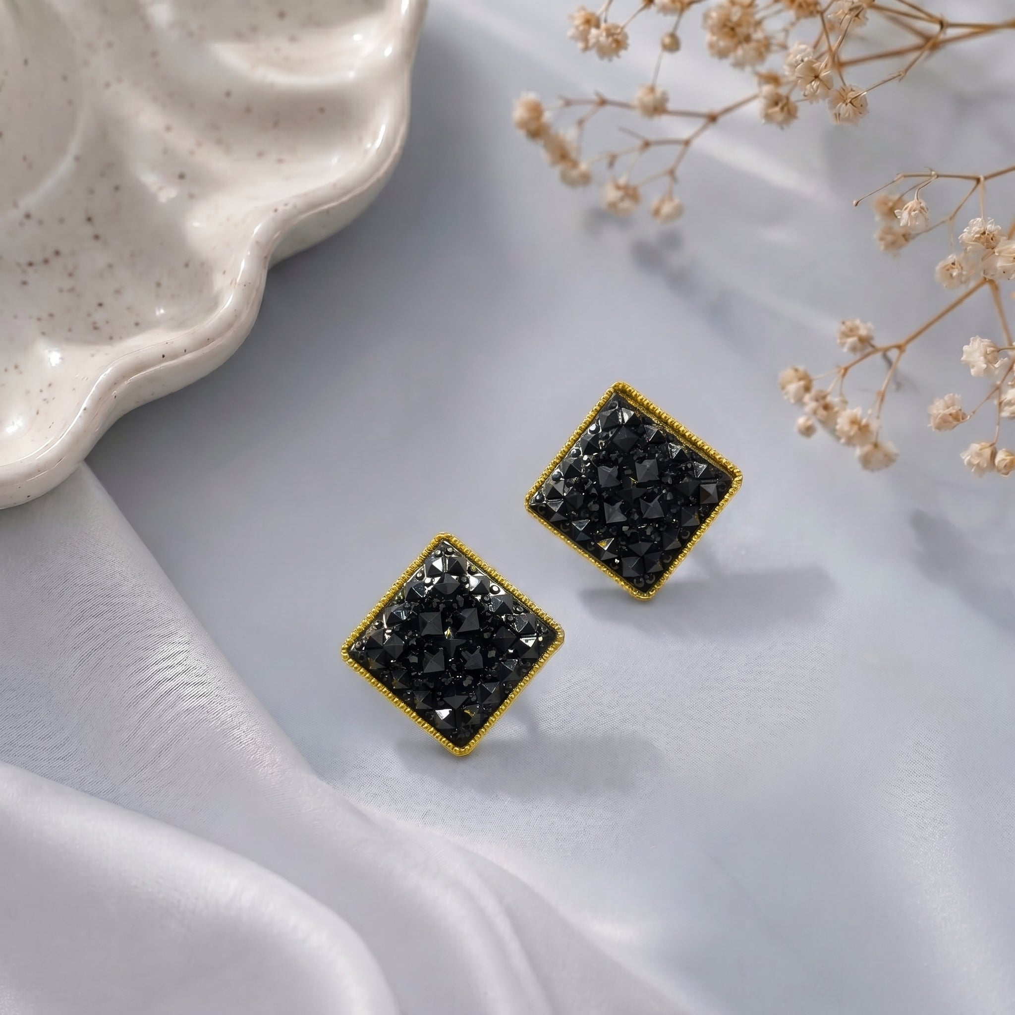 Black druzy stone stud earring