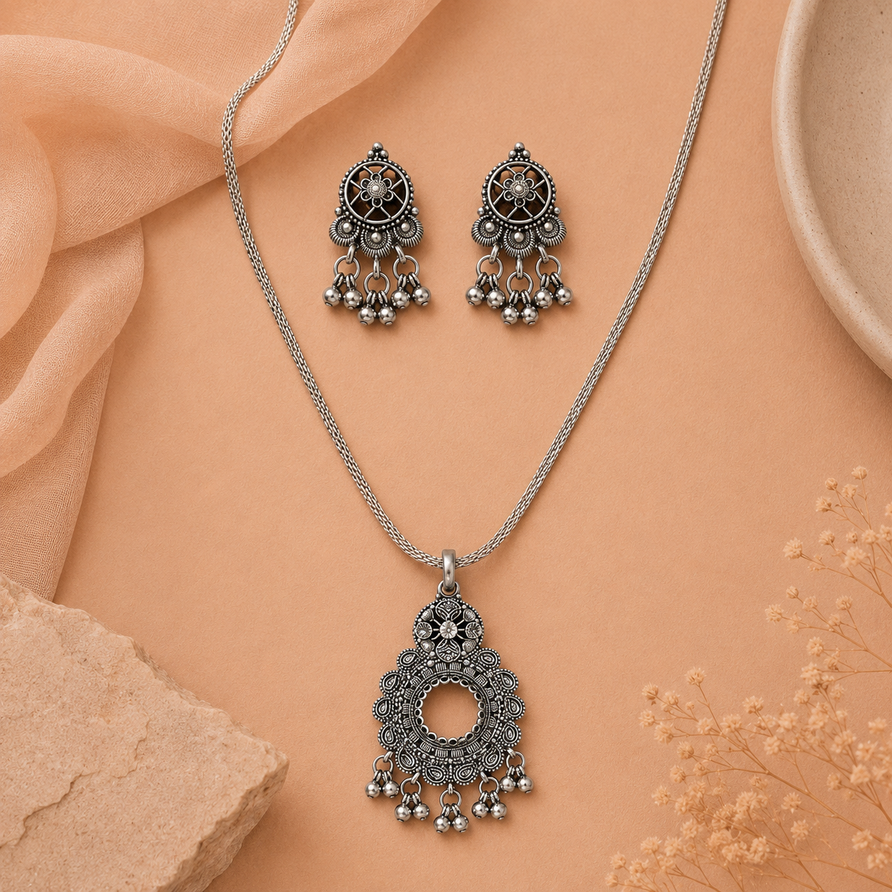Oxidised circular design pendant set