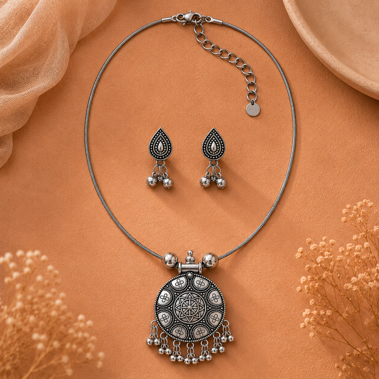 Round filigree pendant set with earring