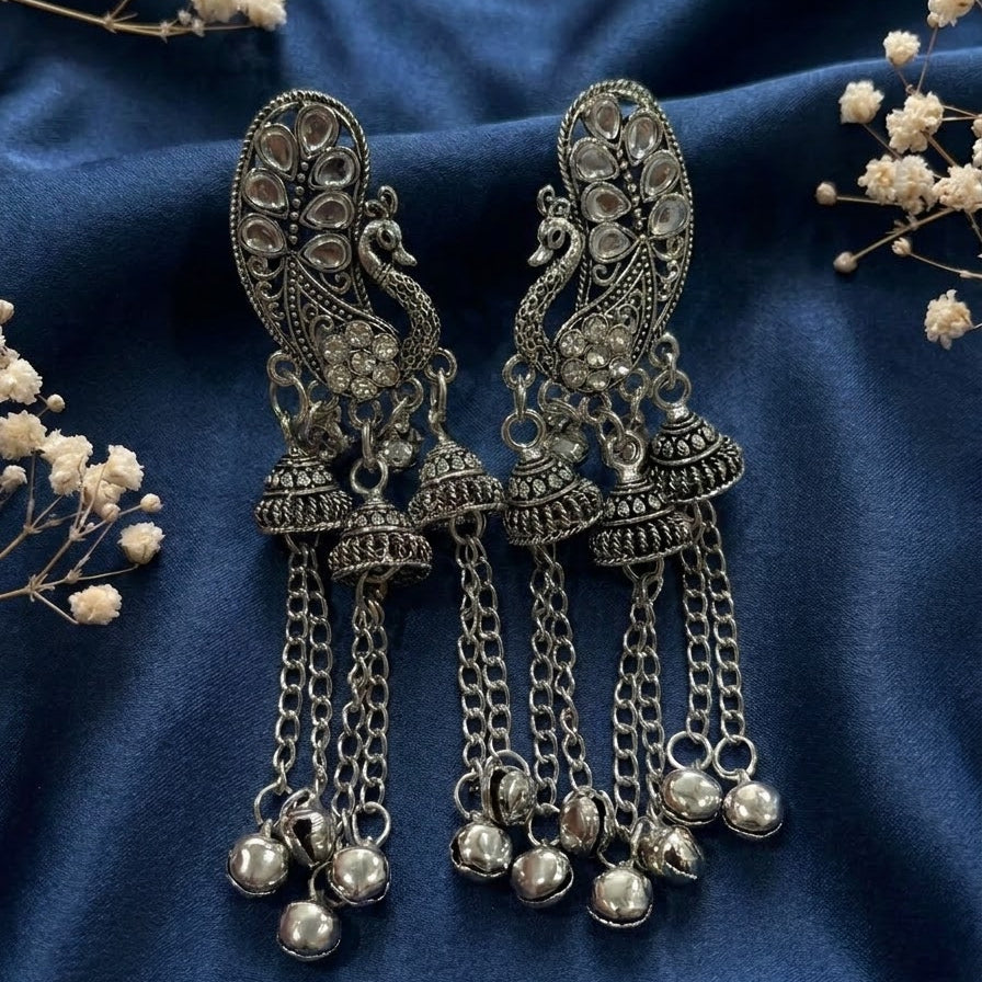 oxidised peacock hanging bells jhumkas