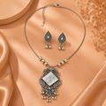 Oxidised square mirror pendant with with earring