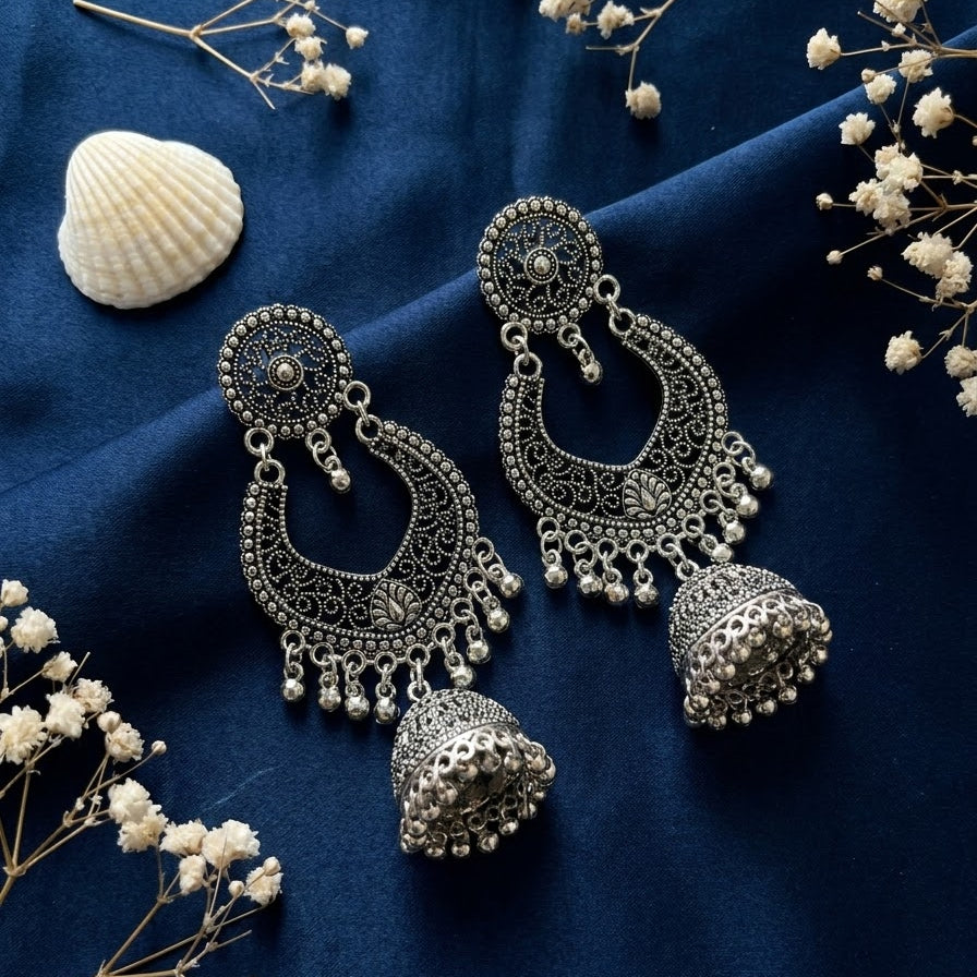 silver oxidised jhumkas earrings