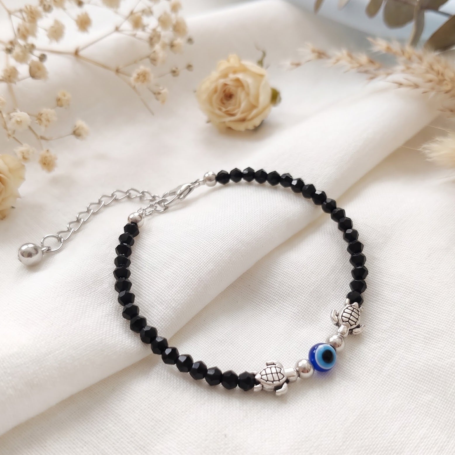 Silver turtle with evil eye bracelet