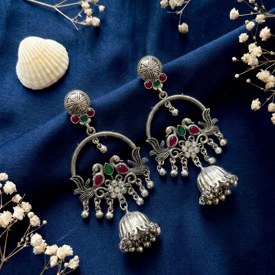 oxidised peacock jhumkas earrings