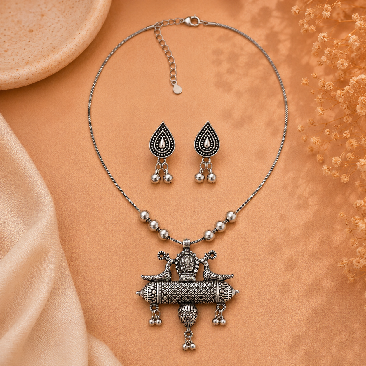 Oxidized filigree work neclace with earring