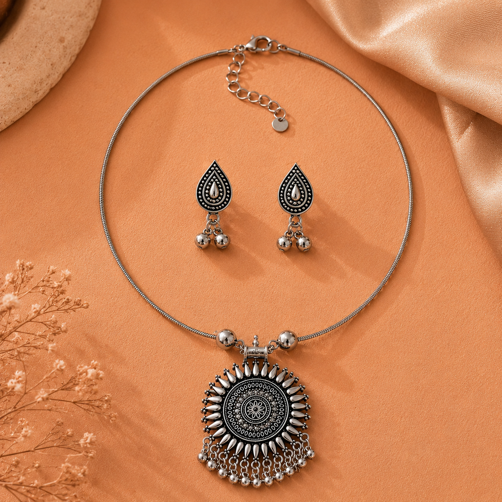 Circular sunburst pendant with earring