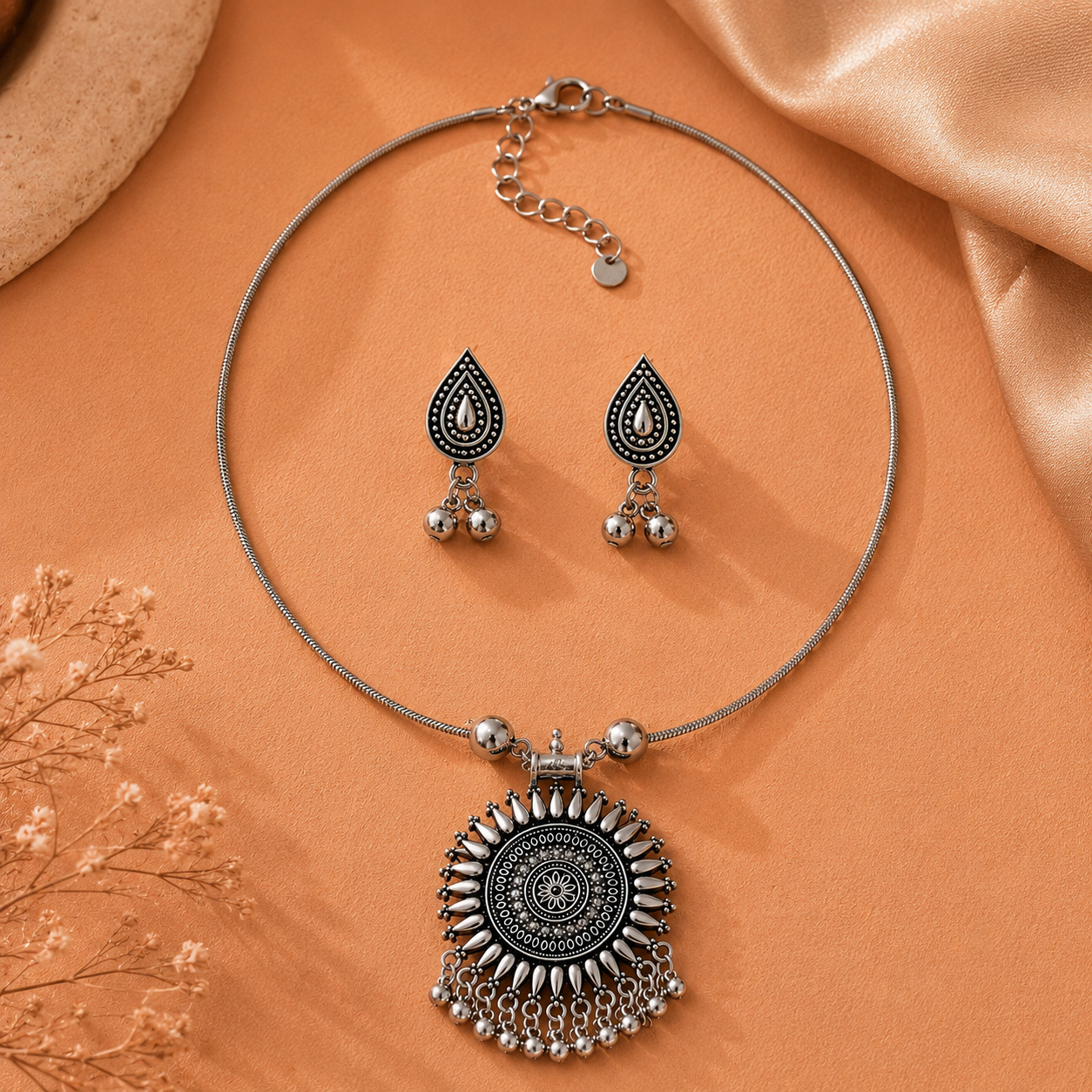 Circular sunburst pendant with earring