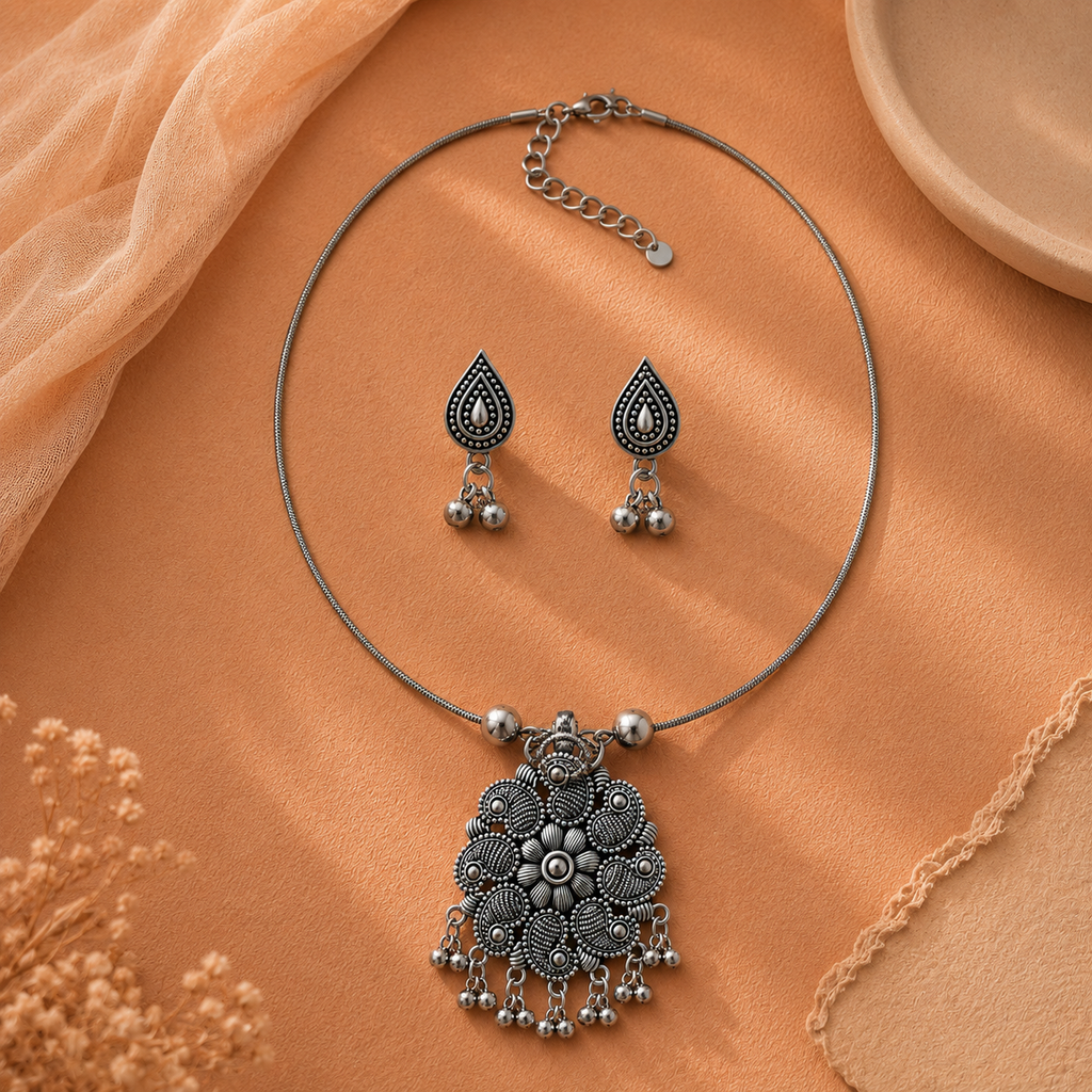 Floral and droplet design oxidised pendant set