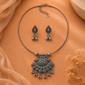 Oxidised fan crescent pendant with earring