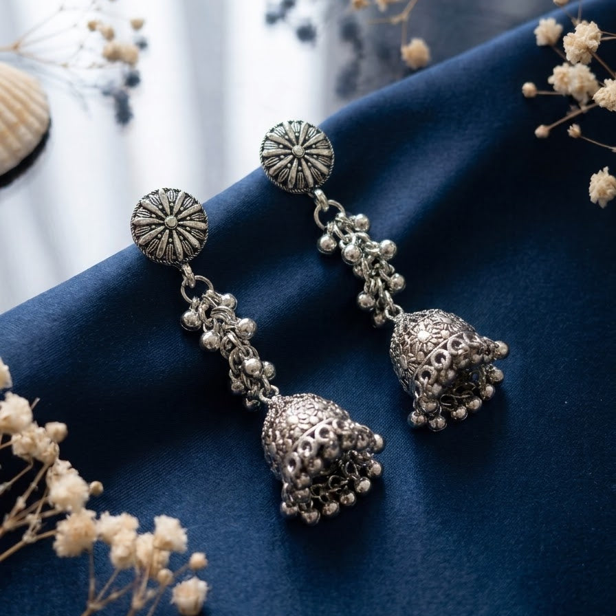silver oxidised jhumkas earring