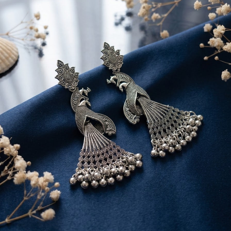 silver oxidised peacock earrings