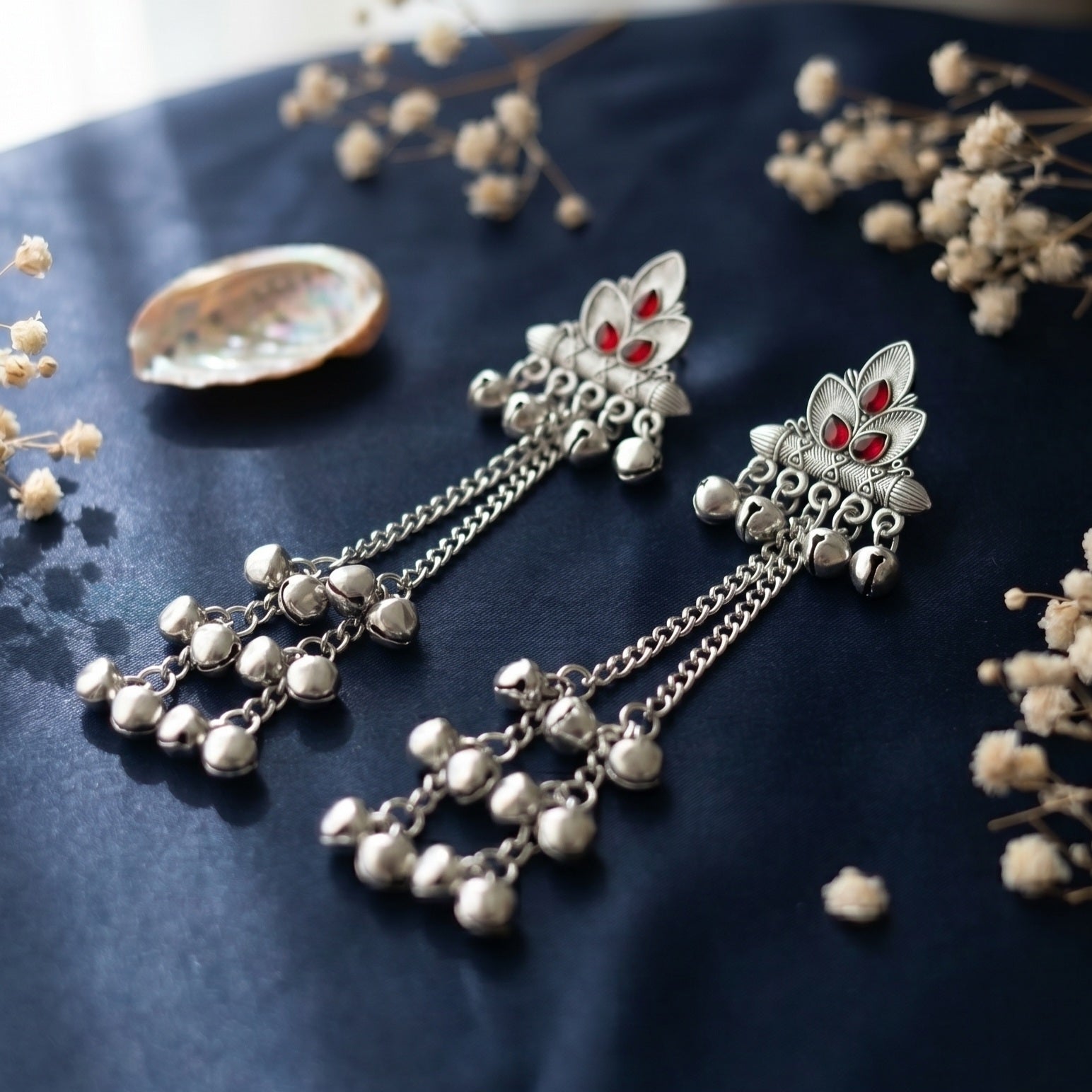 Long Ruby Oxidised Earring