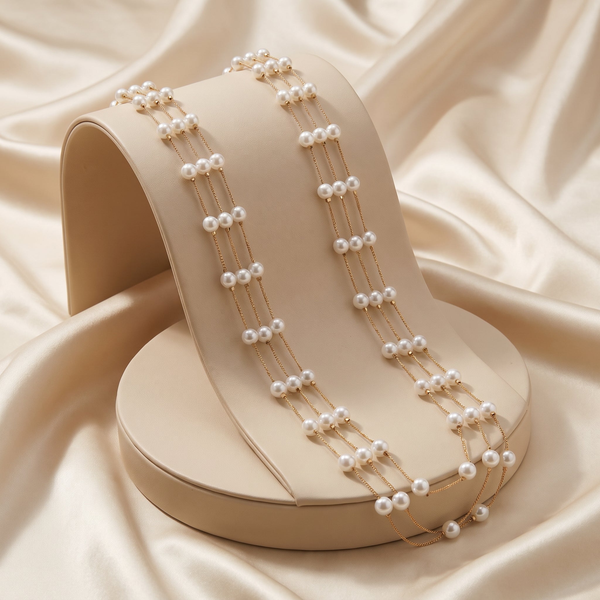 Triple layered long pearl necklace