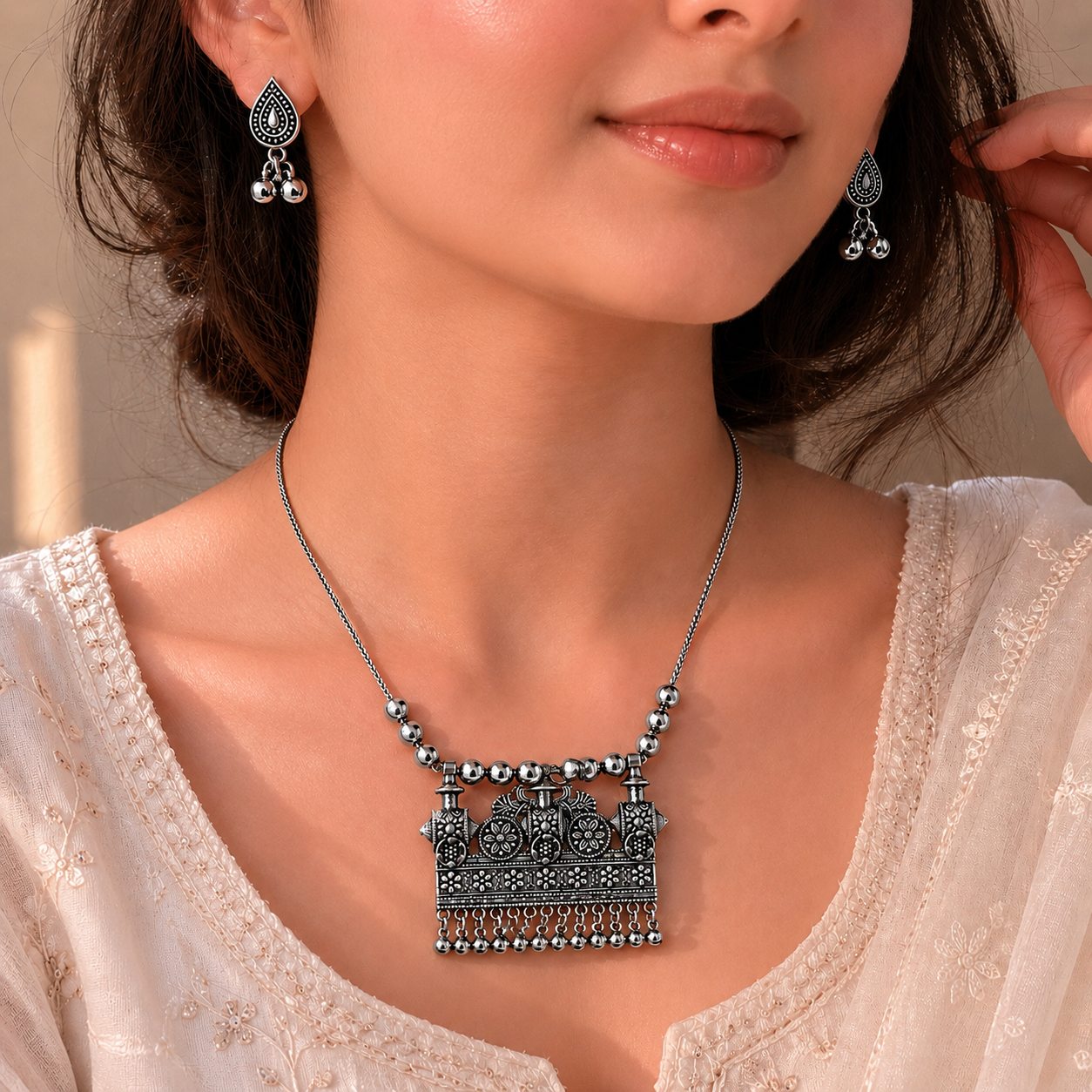 Rectangular oxidised necklace with tear drop earring