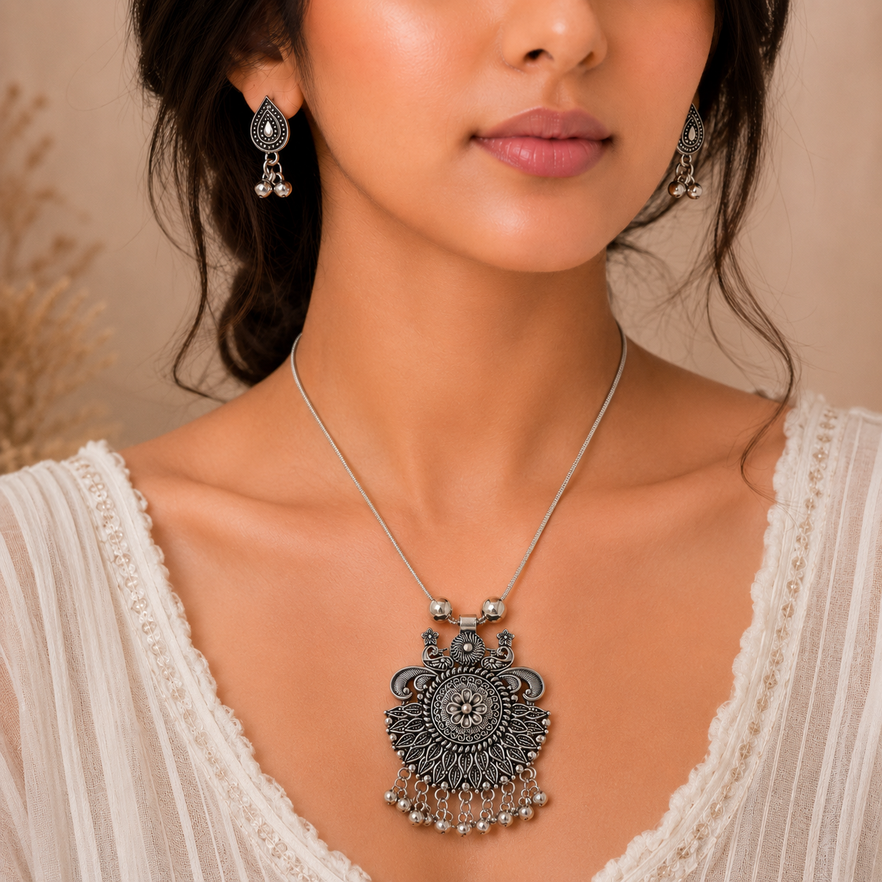 Peacock shaped oxidised necklace with earring