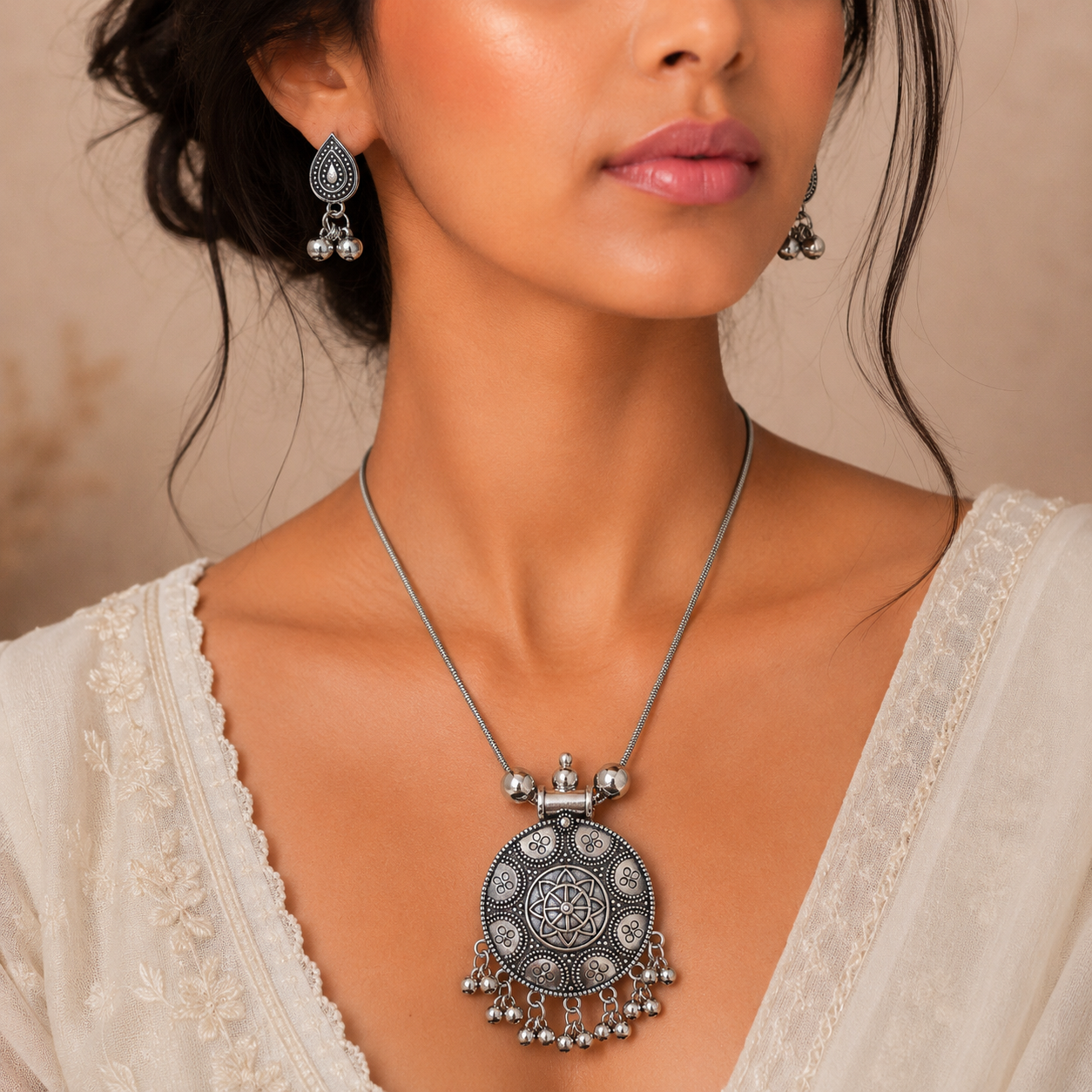 Round filigree pendant set with earring