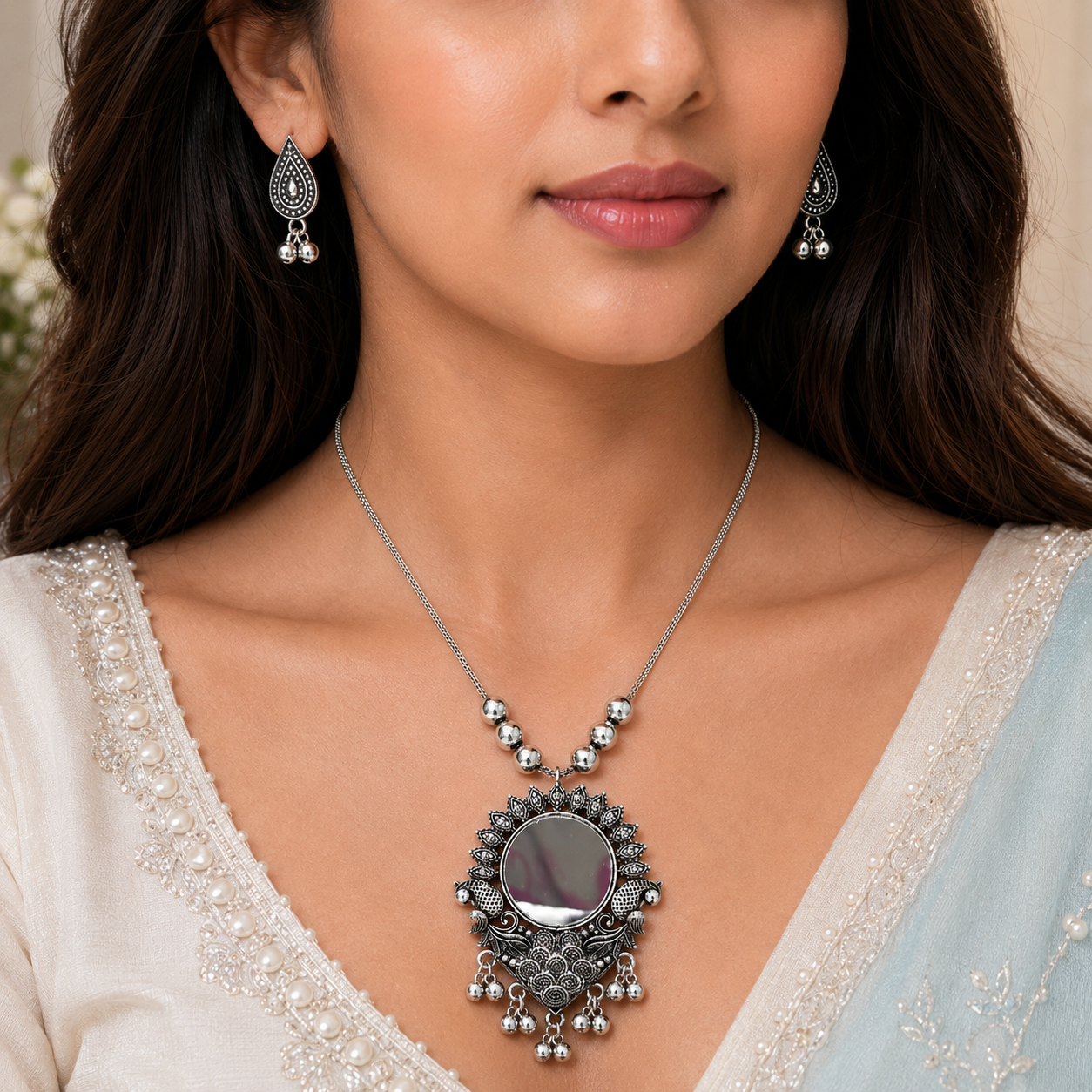 Oxidised mirror drop studded necklace with earring