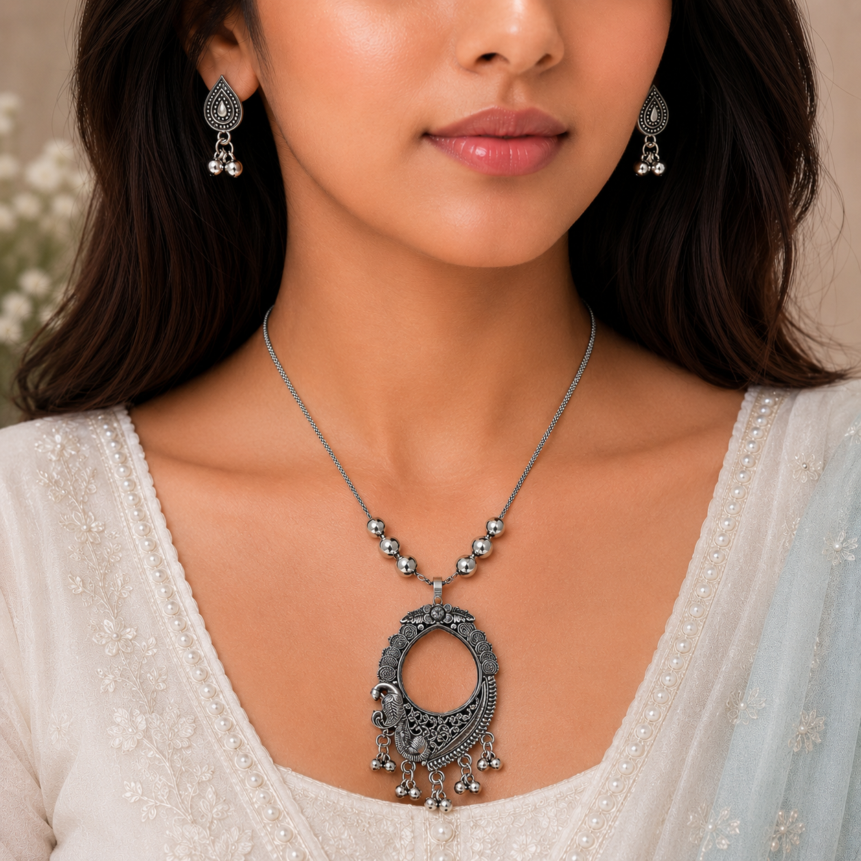 Oxidised peacock design necklace with earring