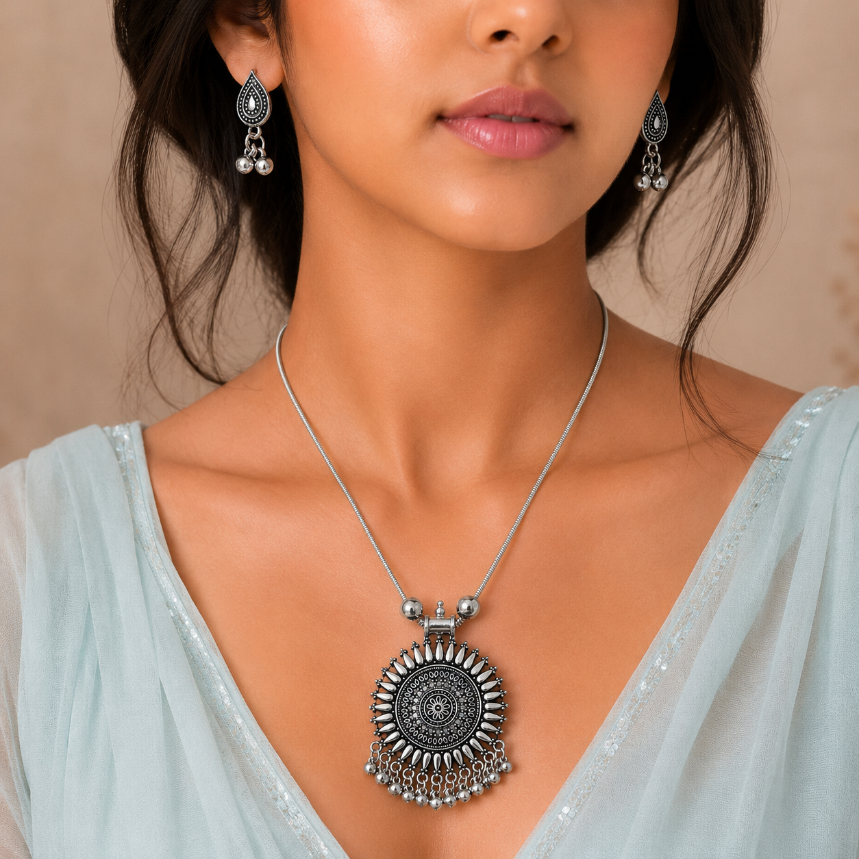 Circular sunburst pendant with earring