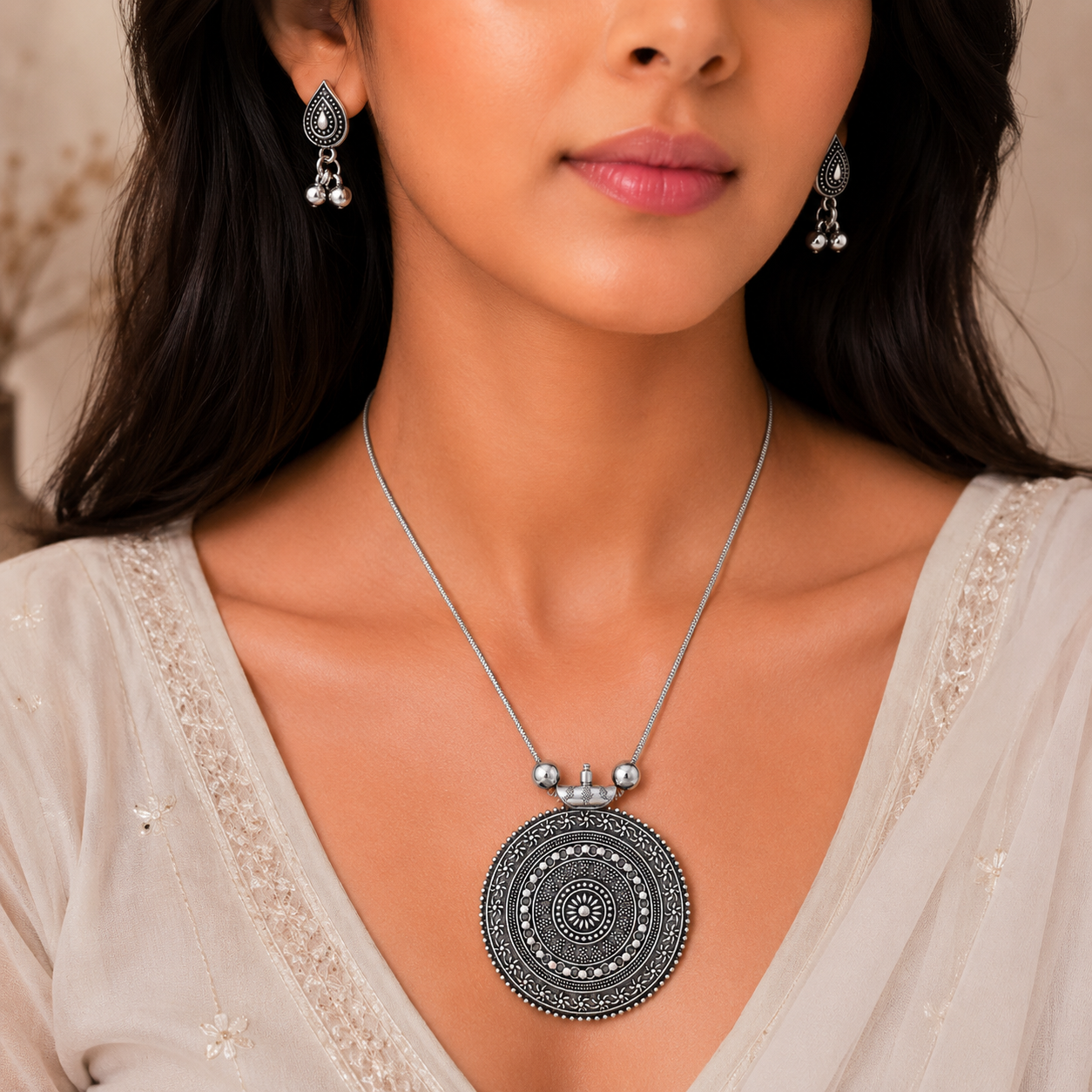 Oxidised circular neclace with earring