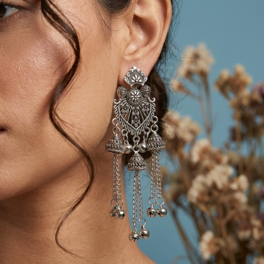oxidised long tassel jhumkas earrings