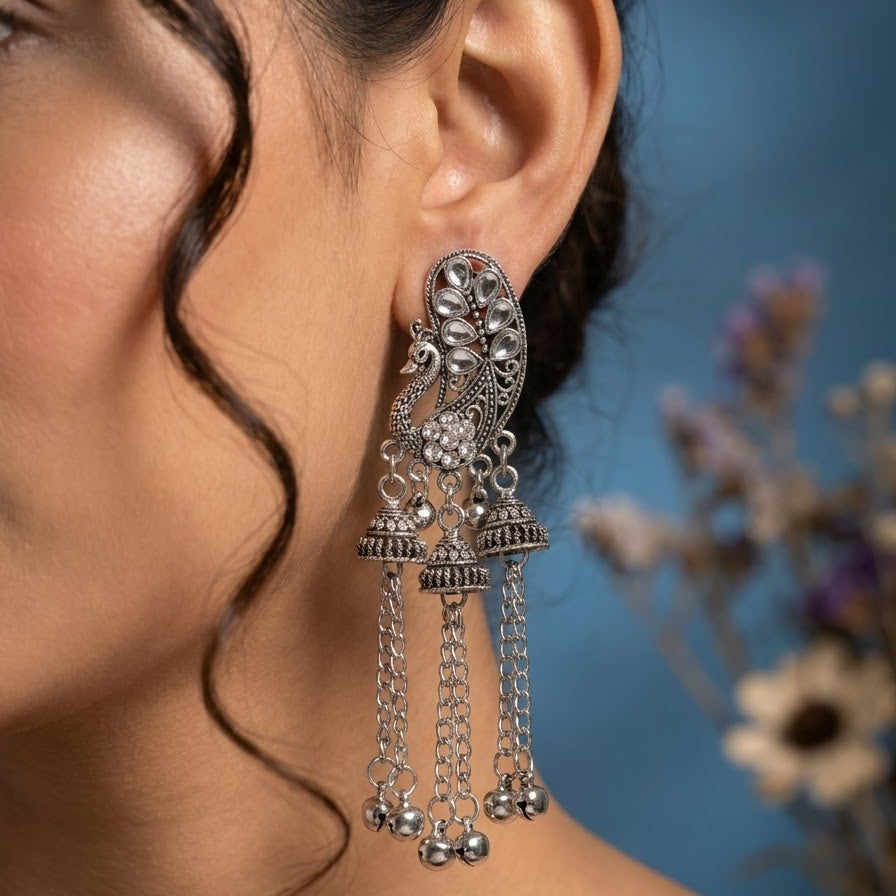 oxidised peacock hanging bells jhumkas