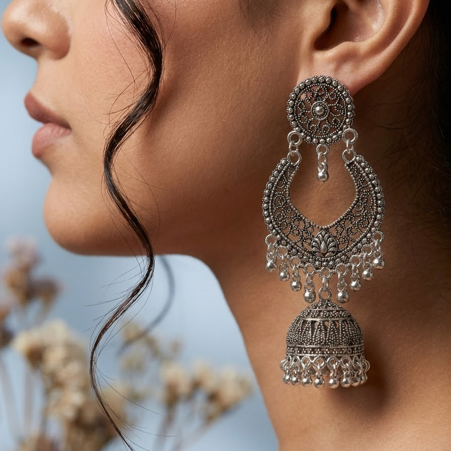silver oxidised jhumkas earrings