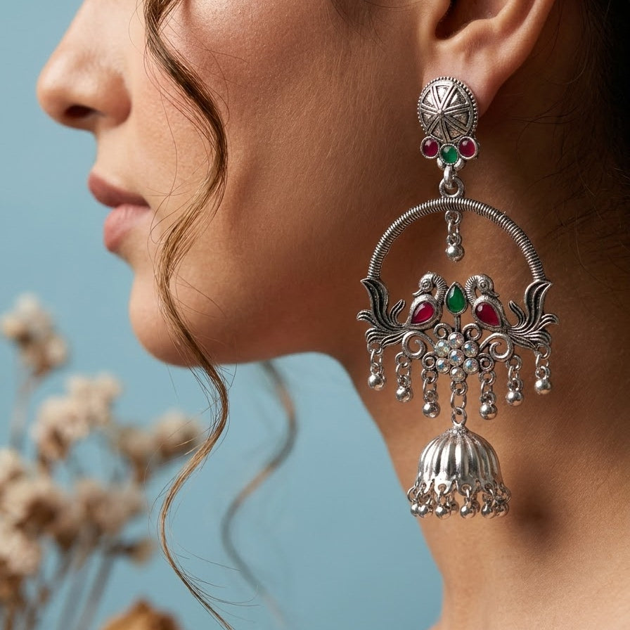 oxidised peacock jhumkas earrings