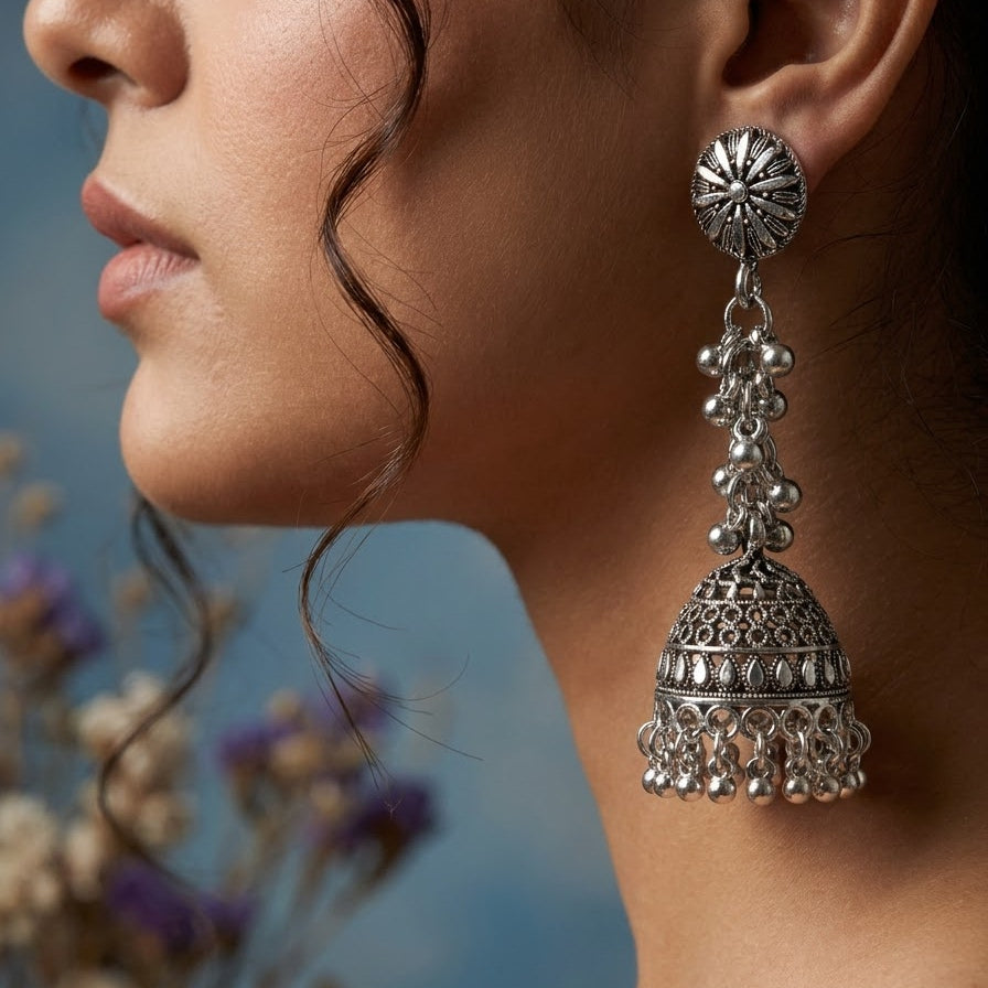 silver oxidised jhumkas earring