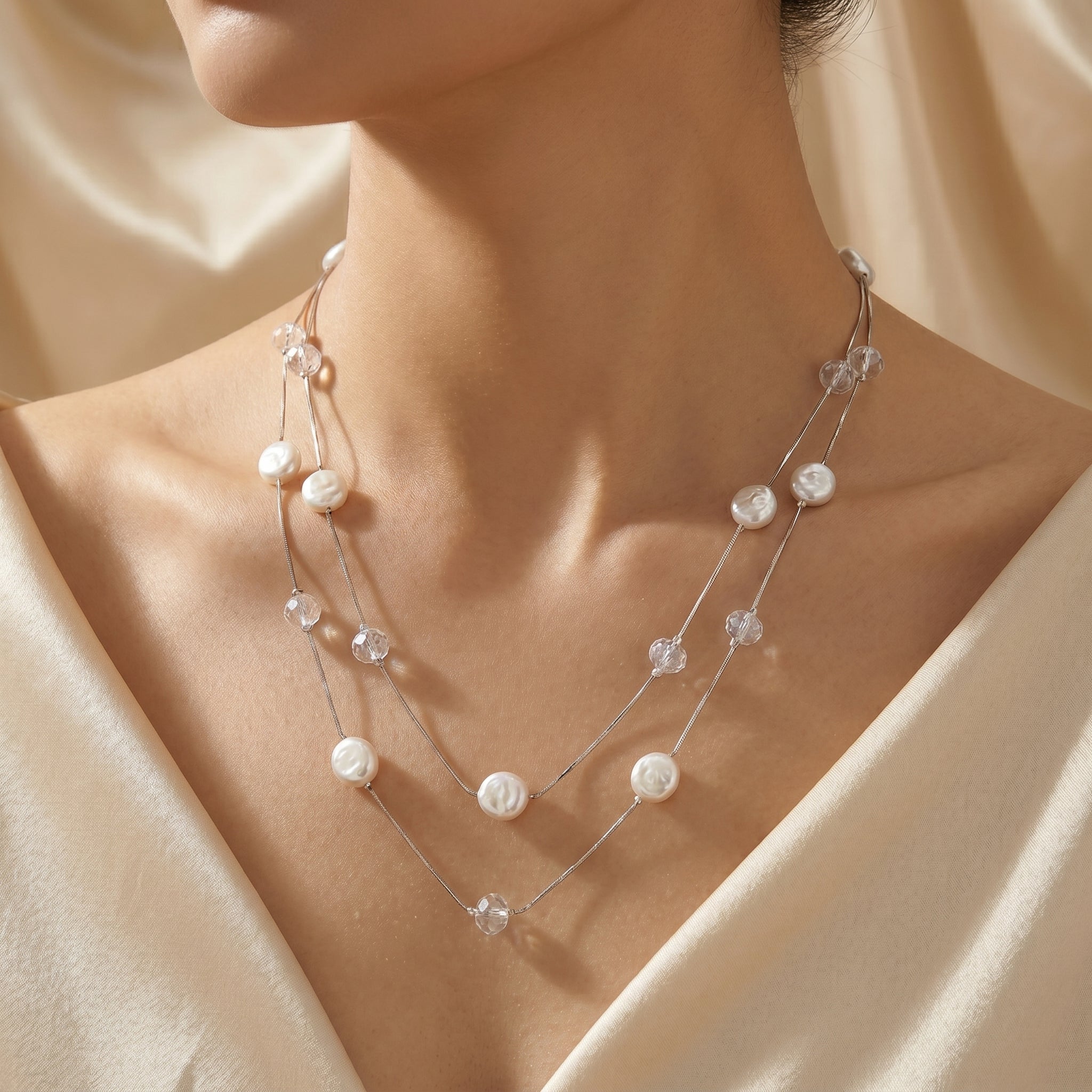 Clear and white pearl dual layered necklace