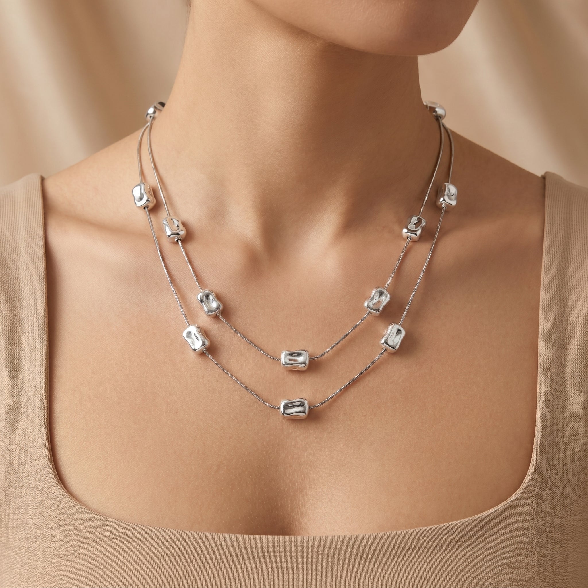 Dual layerd silver long necklace