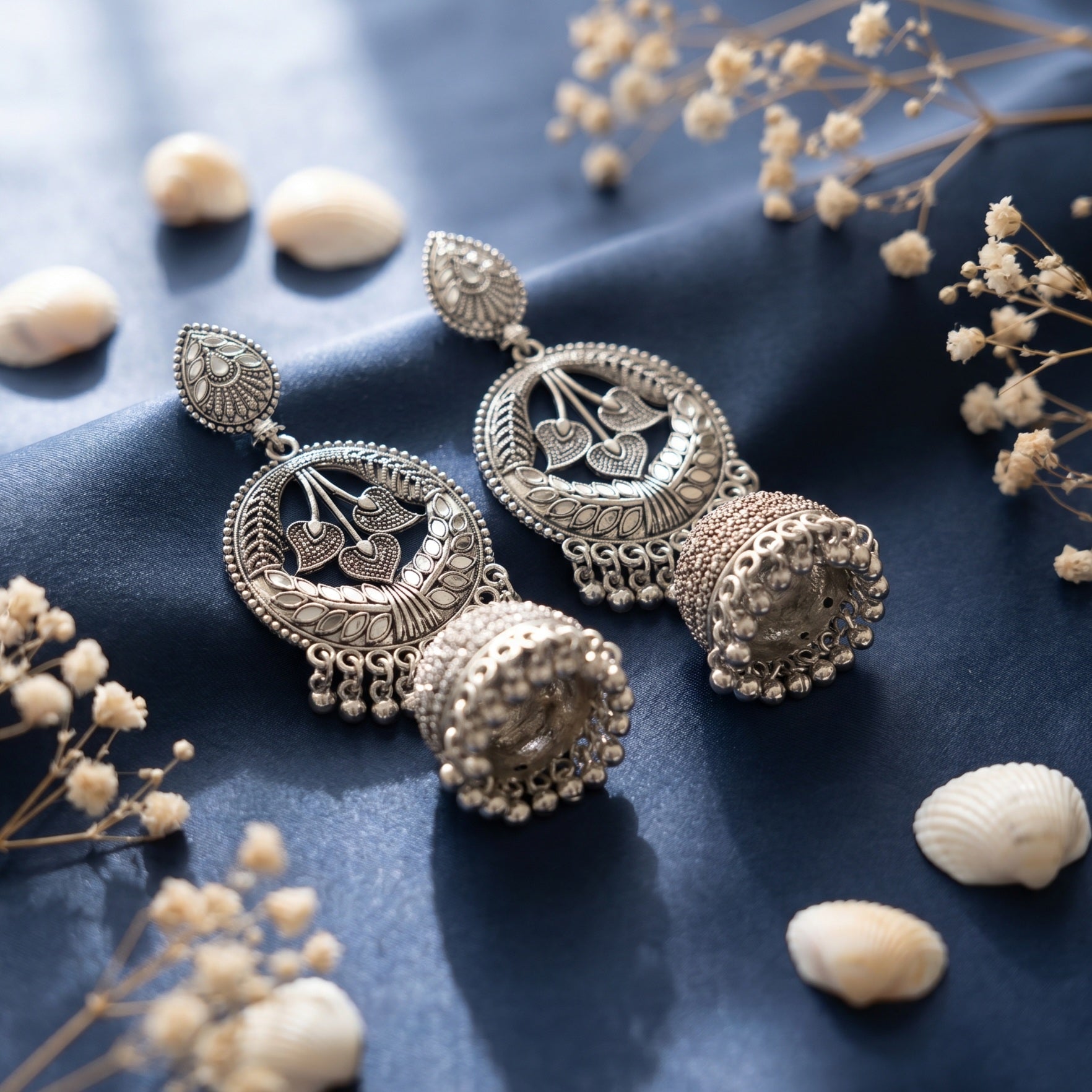 Silver Blossom Jhumkas Earrings