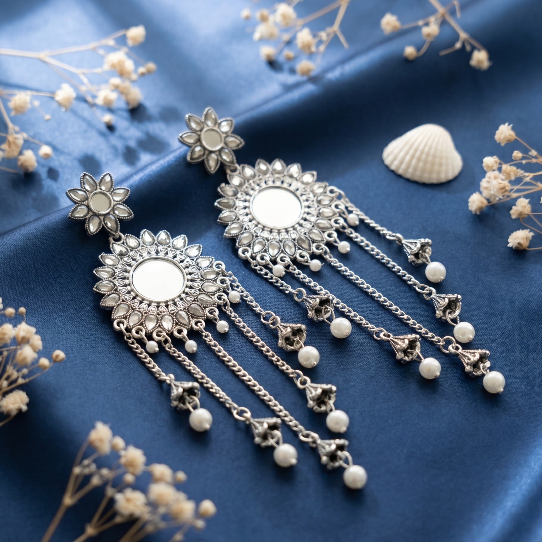Mirror Hanging Silver Oxidised Earring