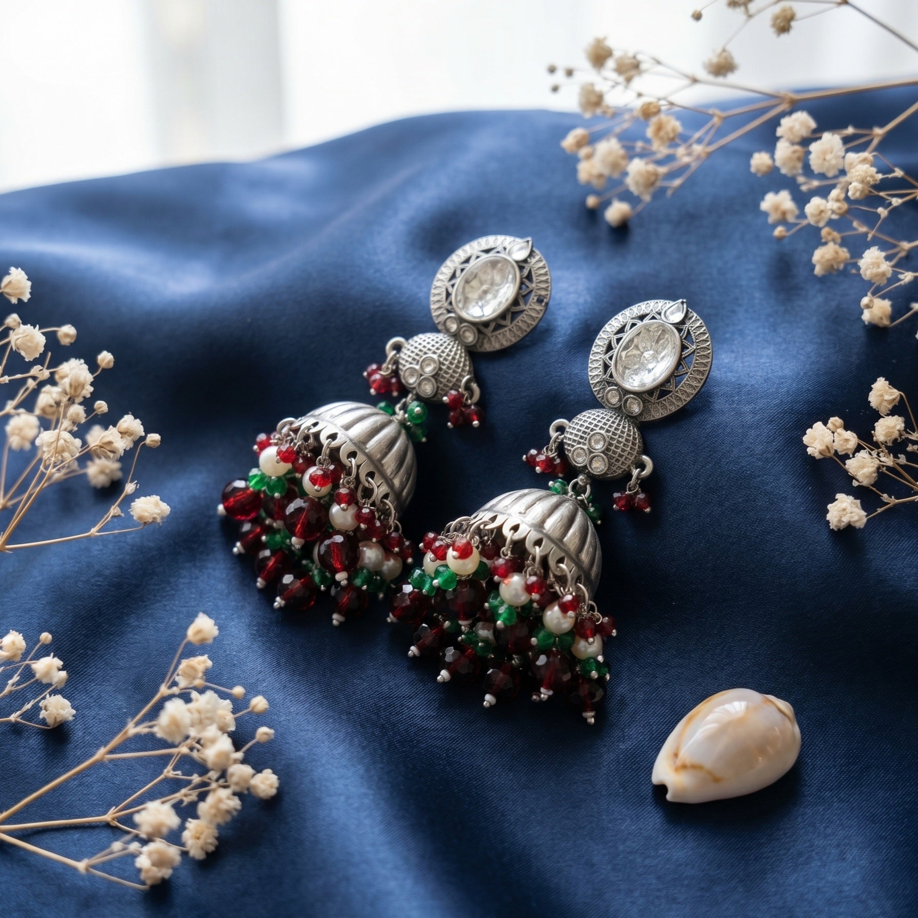 Mirror Work German Silver Jhumkas