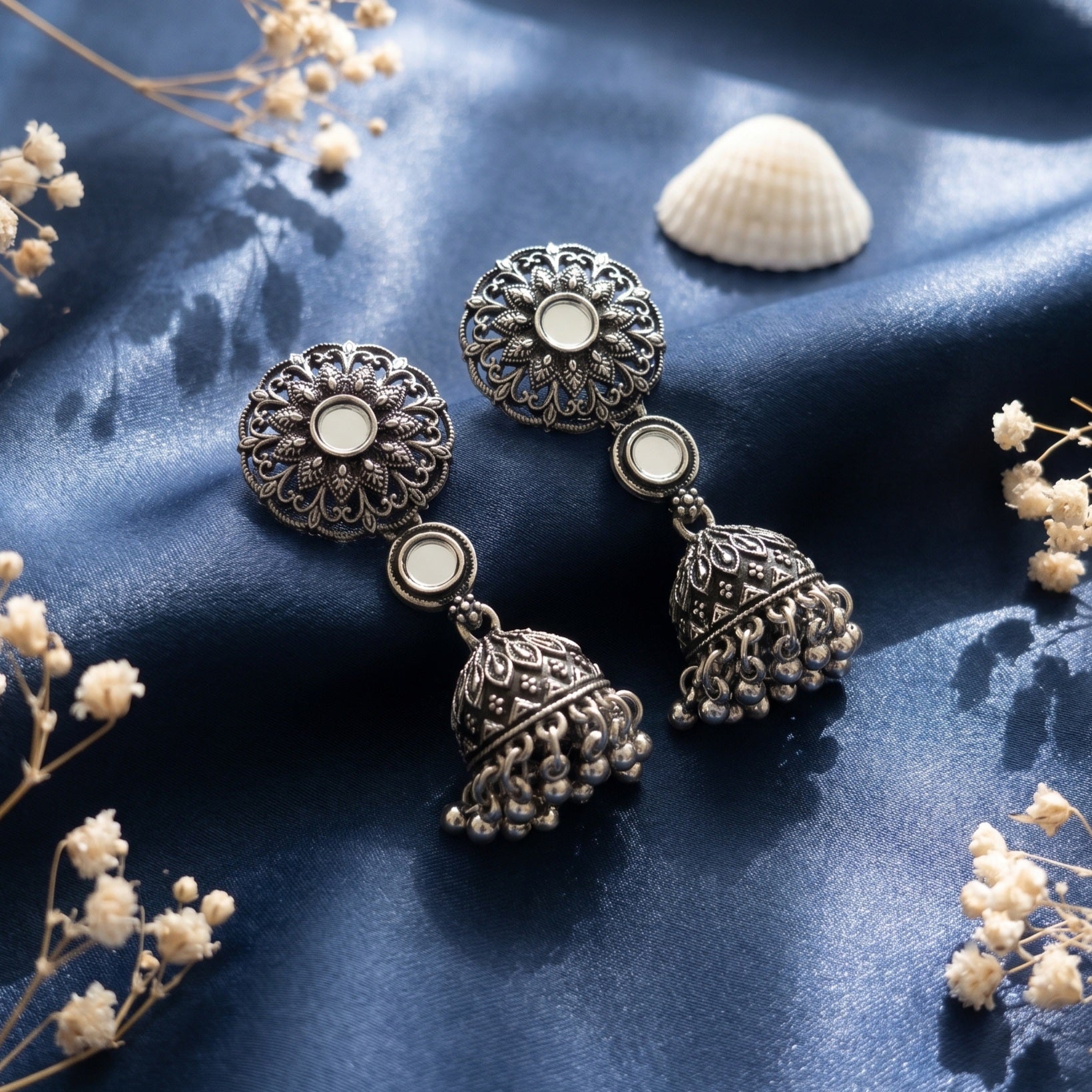 Mirror Circled Oxidised Jhumkas