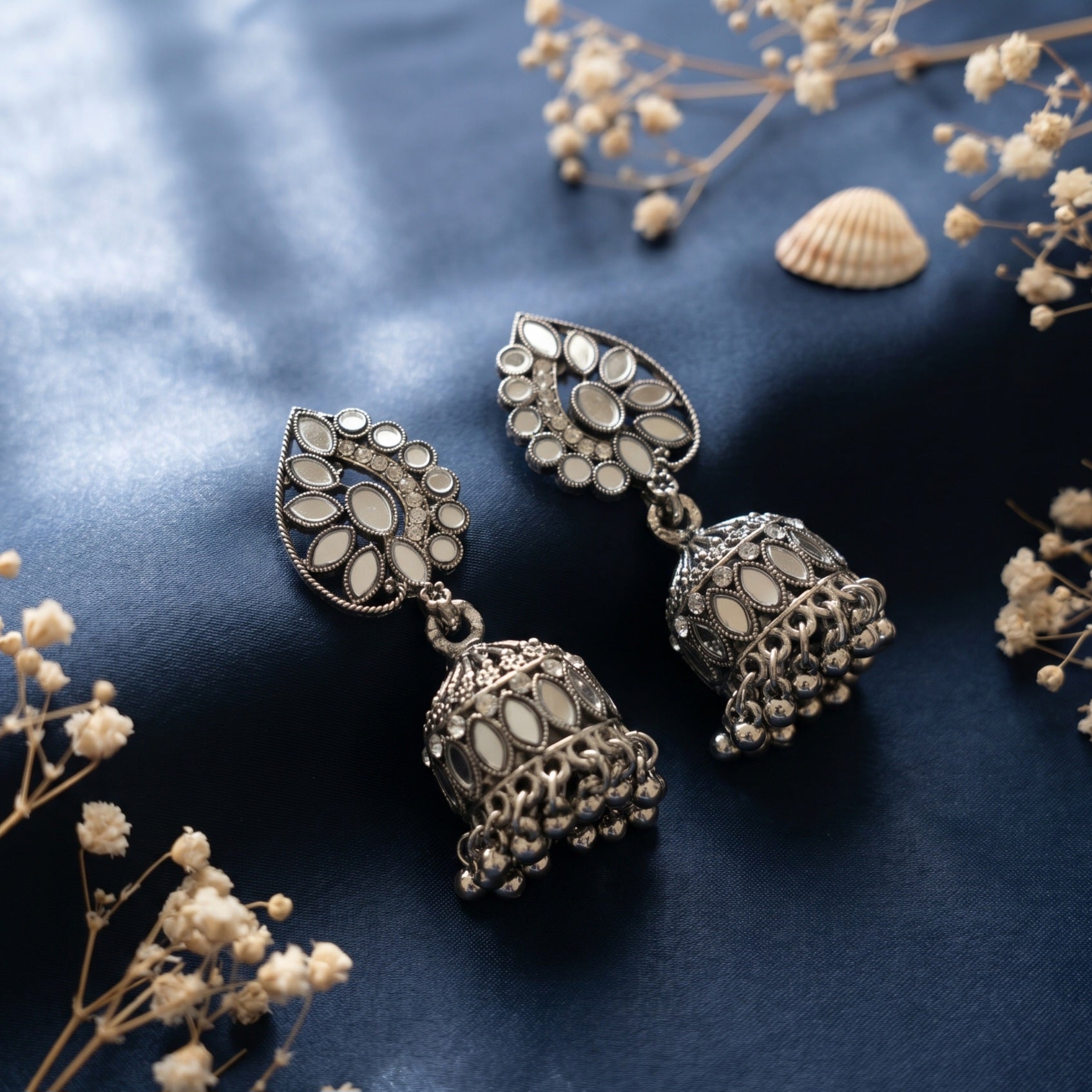 Almond Shaped Mirror Oxidised Jhumkas