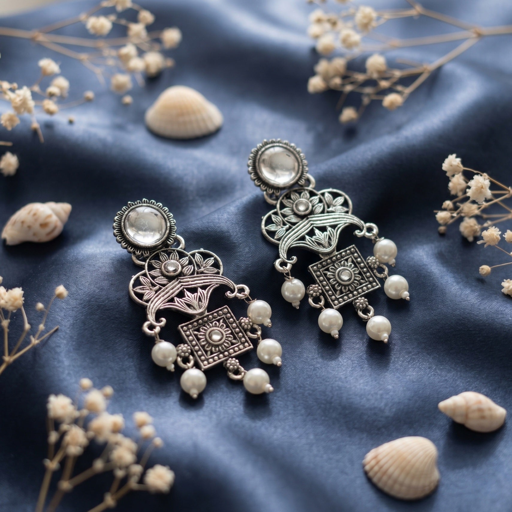 Pearl Drop Silver Oxidised Earrings