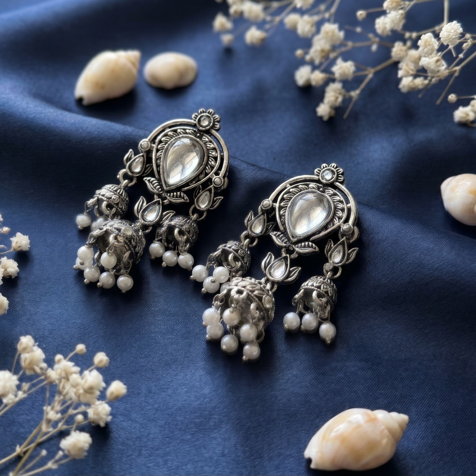 Mirror Stone Triple Jhumkas Earrings