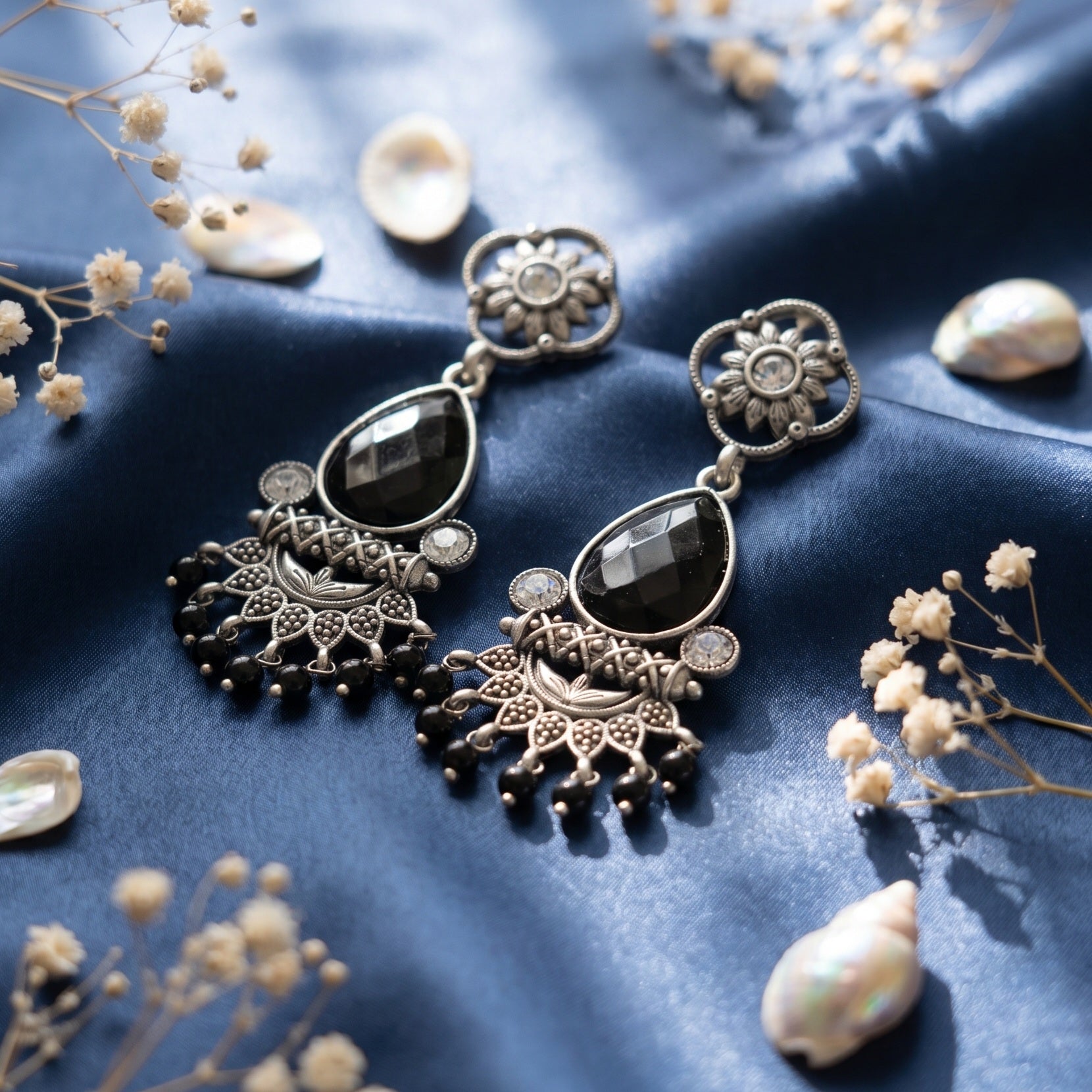 Oxidised Silver Black Stone Earrings