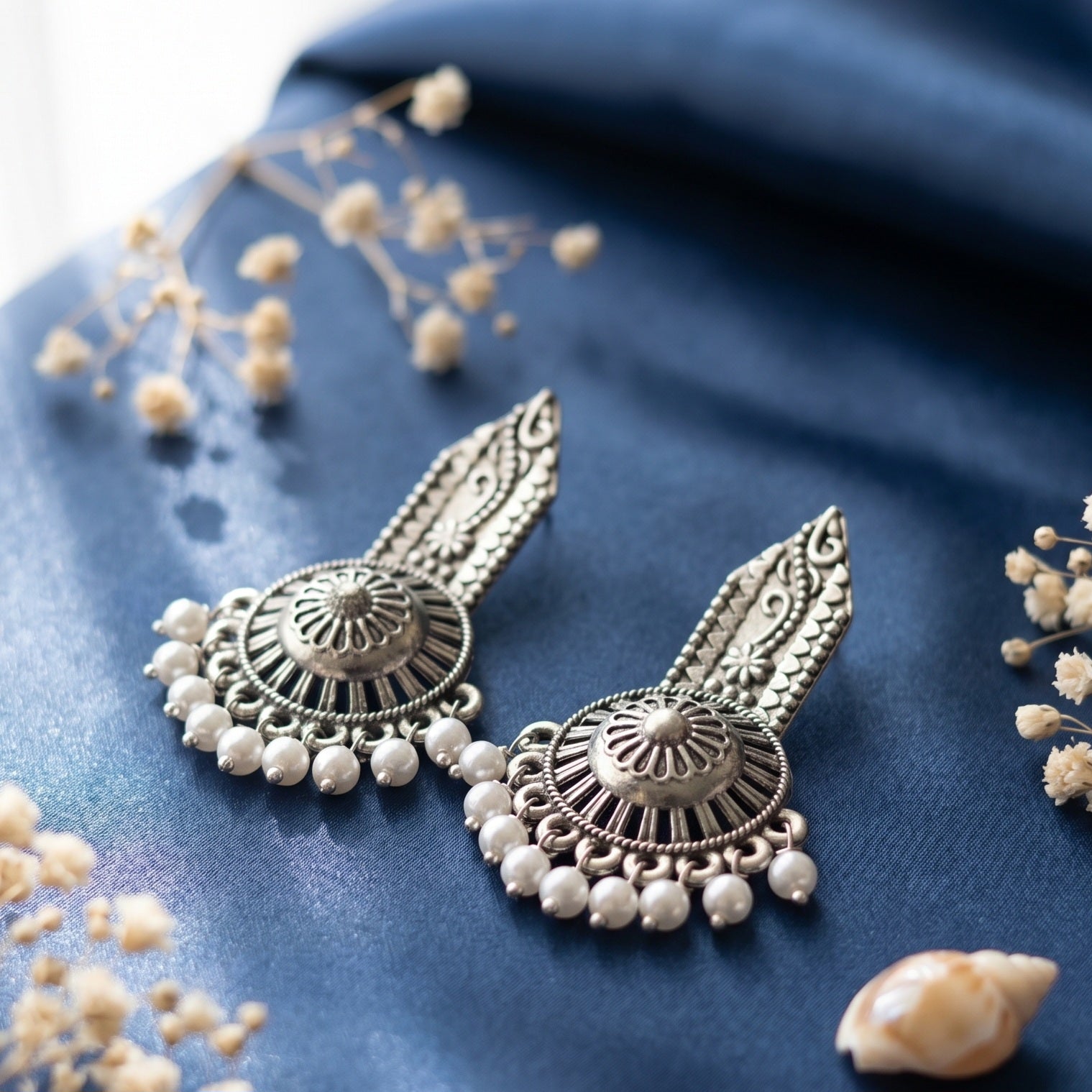 Oxidised Silver Leaf Pearl Earrings