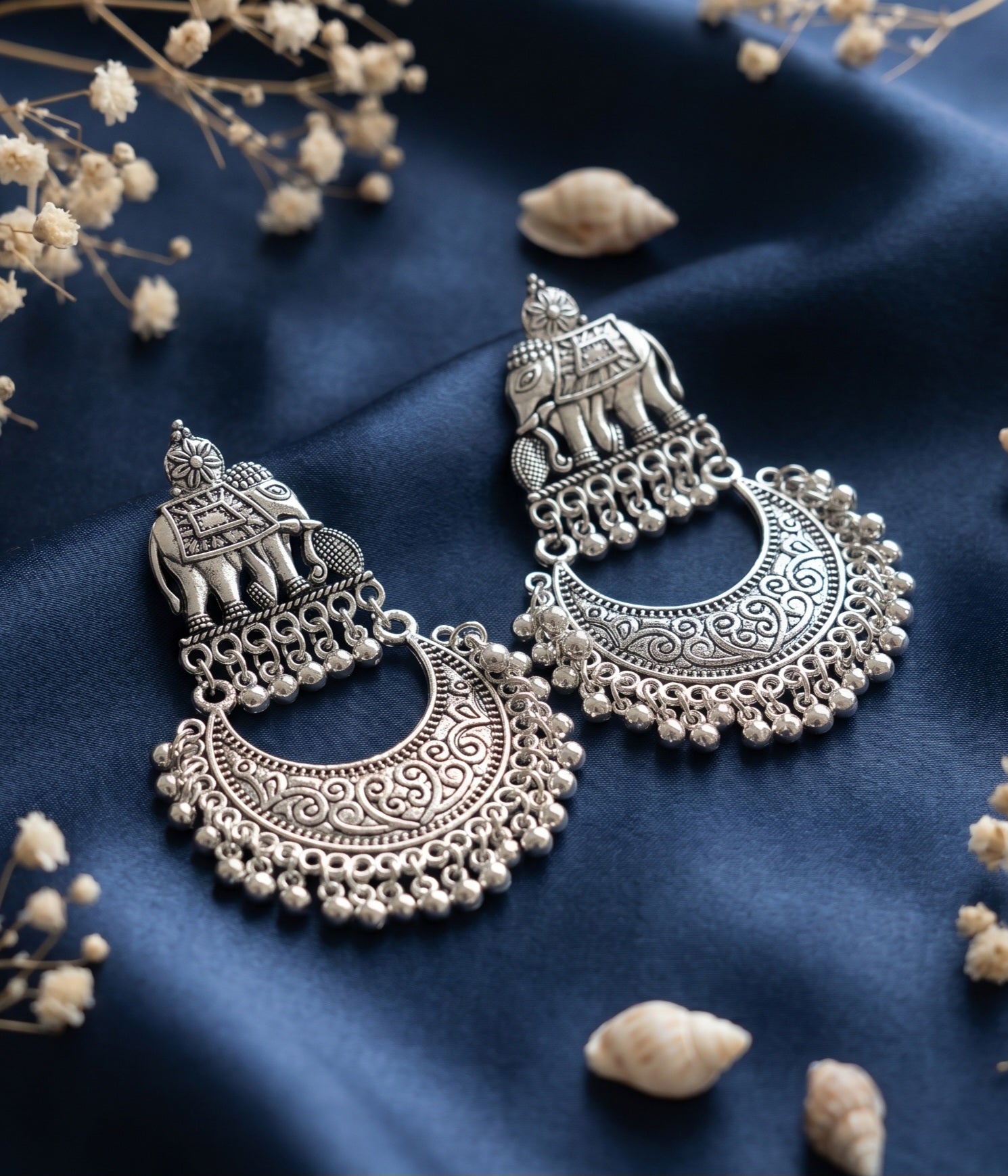 Oxidised Silver Elephant Stud Chand Bali
