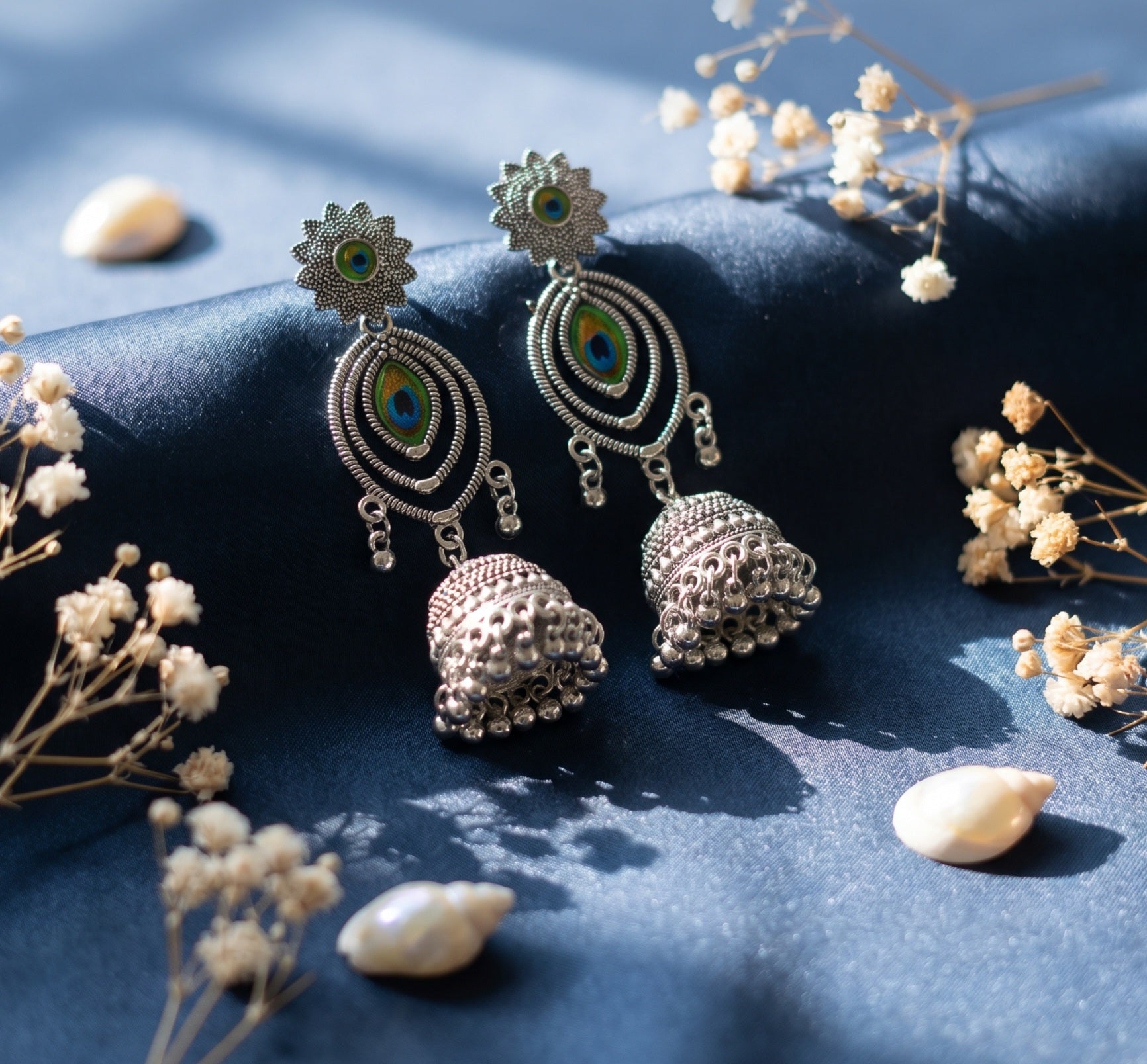 Peacock feather design oxidised earring