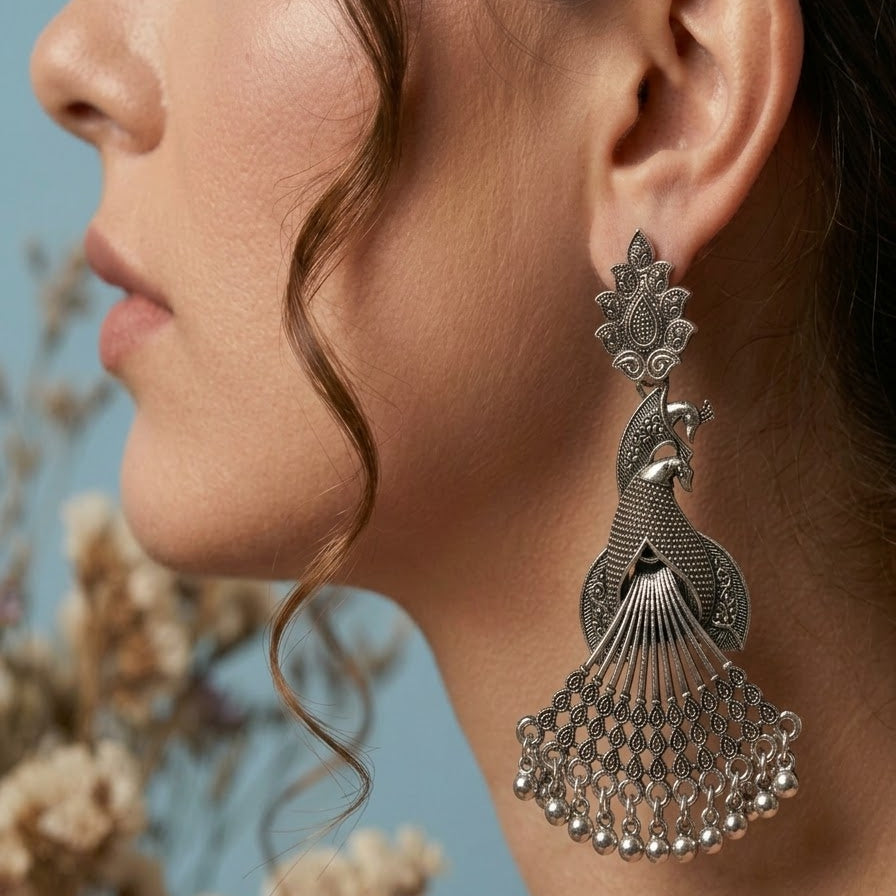 silver oxidised peacock earrings